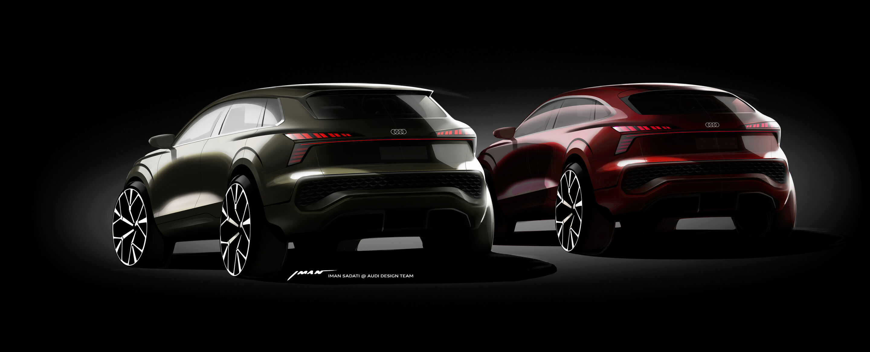 Sketch - Design sketches Audi Q3 Sportback - Sage green metallic and Progressive red metallic, exterior, three-quarter view from the rear
