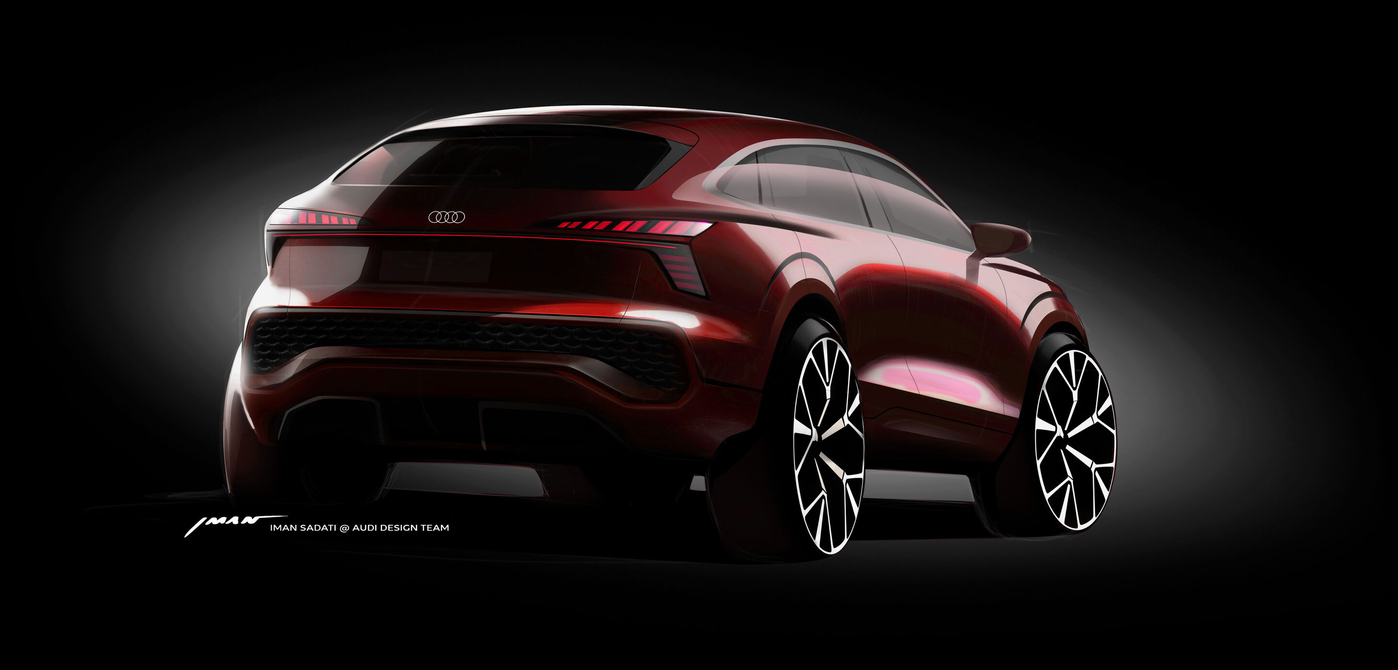 Sketch - Design sketches Audi Q3 Sportback - Progressive red metallic, exterior, three-quarter view from the rear