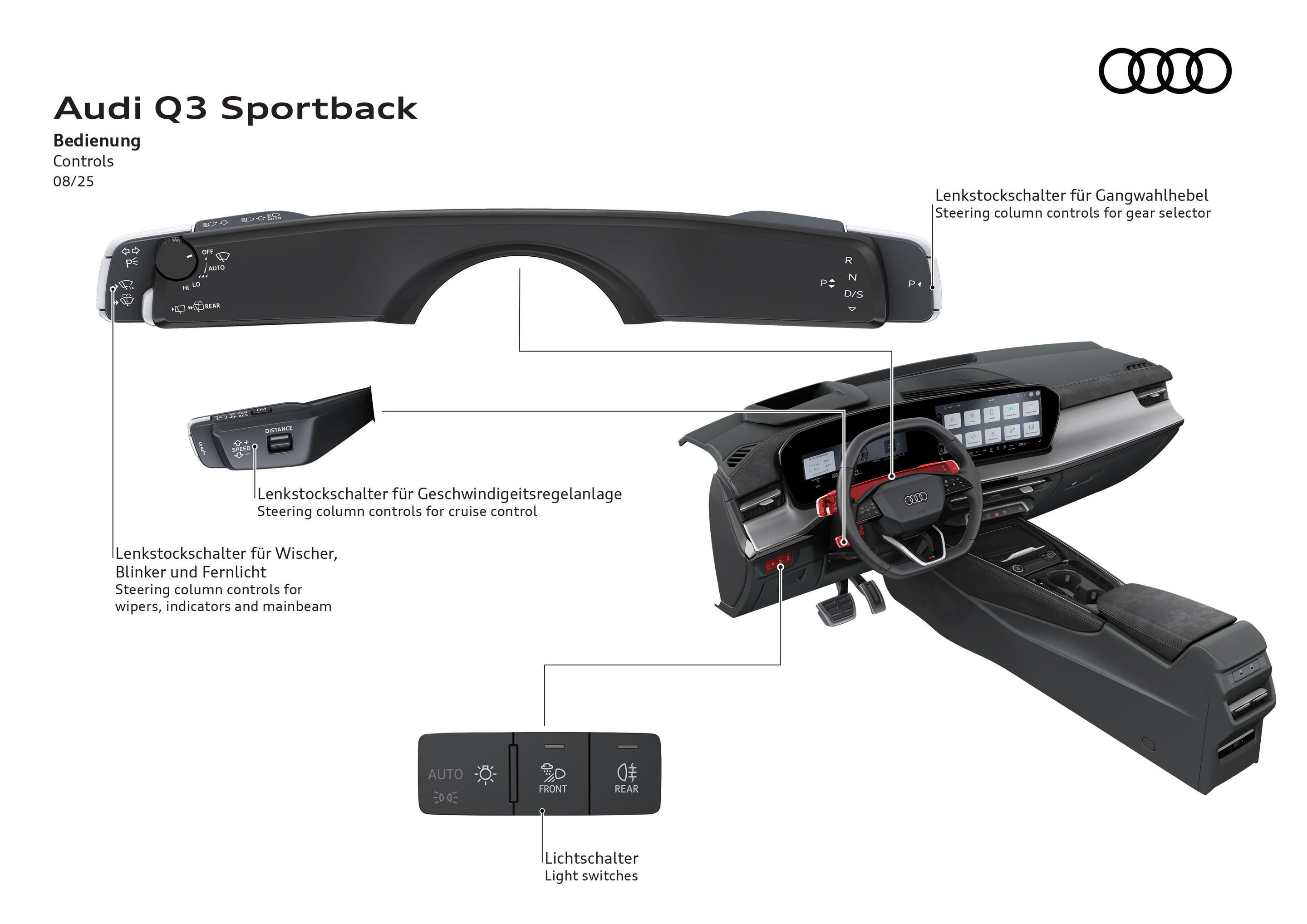 Illustration - Audi Q3 Sportback - The illustration shows the location of various controls and switches on the dashboard of the Audi Q3.