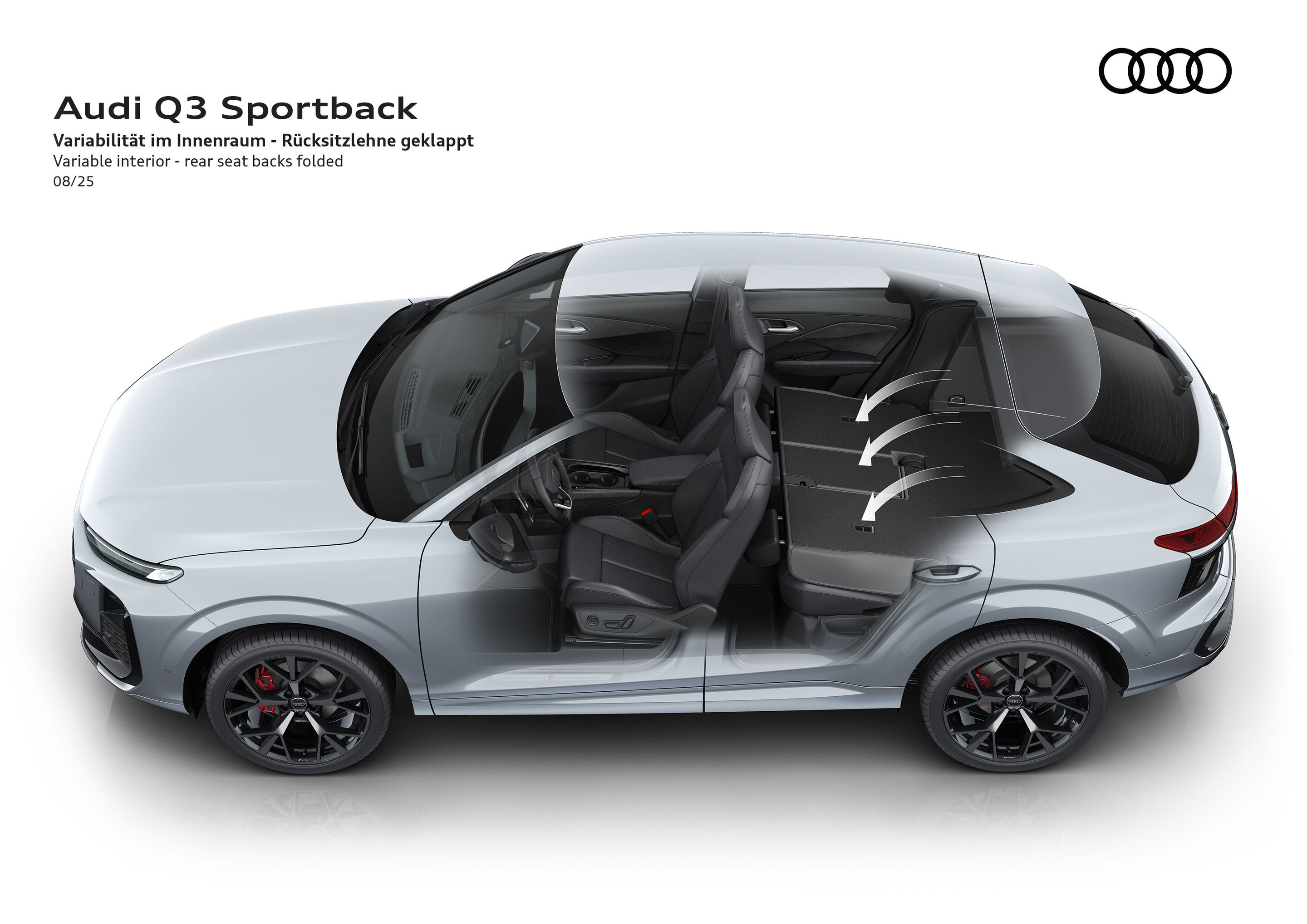 Illustration - Audi Q3 Sportback - The illustration shows the location of the acoustic glazing in the Audi Q3 Sportback, and a detail to show the layered construction of the acoustic glass.