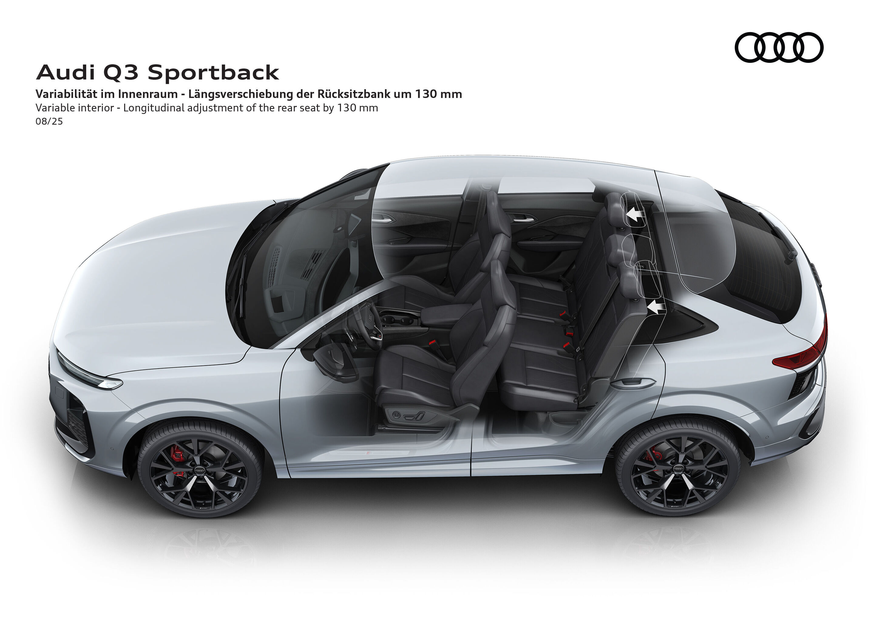 Illustration - Audi Q3 Sportback - The illustration shows how the rear seat bench can be moved forward by 130 mm in the Audi Q3 Sportback.