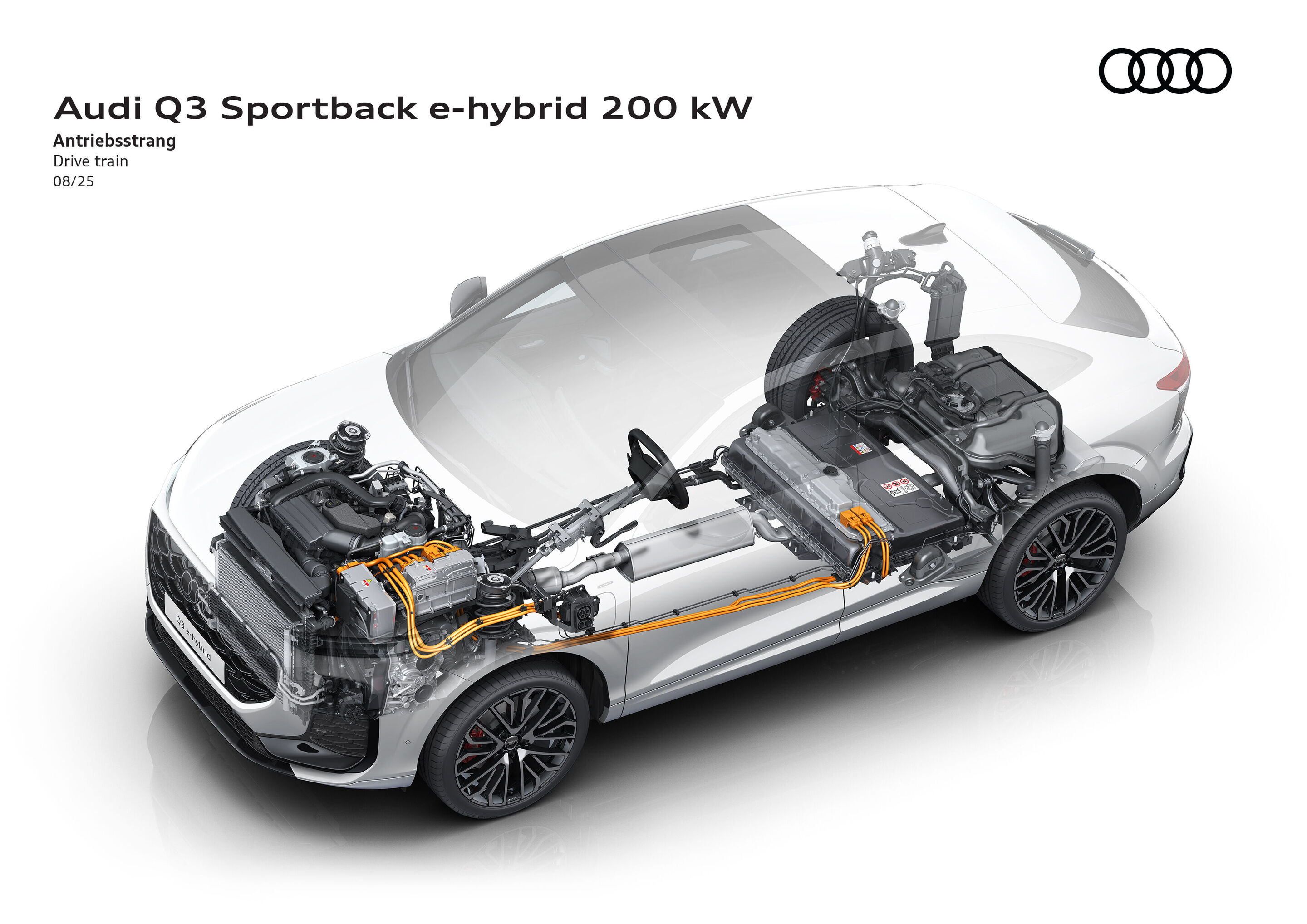 Illustration - Audi Q3 Sportback e-hybrid - Die Abbildung zeigt den Aufbau des quattro Antriebsstrangs im Audi Q3 Sportback e-hybrid 200 kW