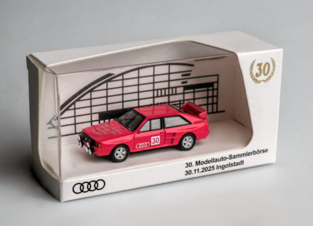 Doppel-Jubiläum bei Audi: 25. Modellautobörse in Neckarsulm und 30. Modellautobörse in Ingolstadt - Die Modellautobörse in Ingolstadt feiert 2025 ihren 30. Geburtstag – als Sondermodell gibt es einen Audi quattro Rallye A2 Gruppe B (1983) in Pink.