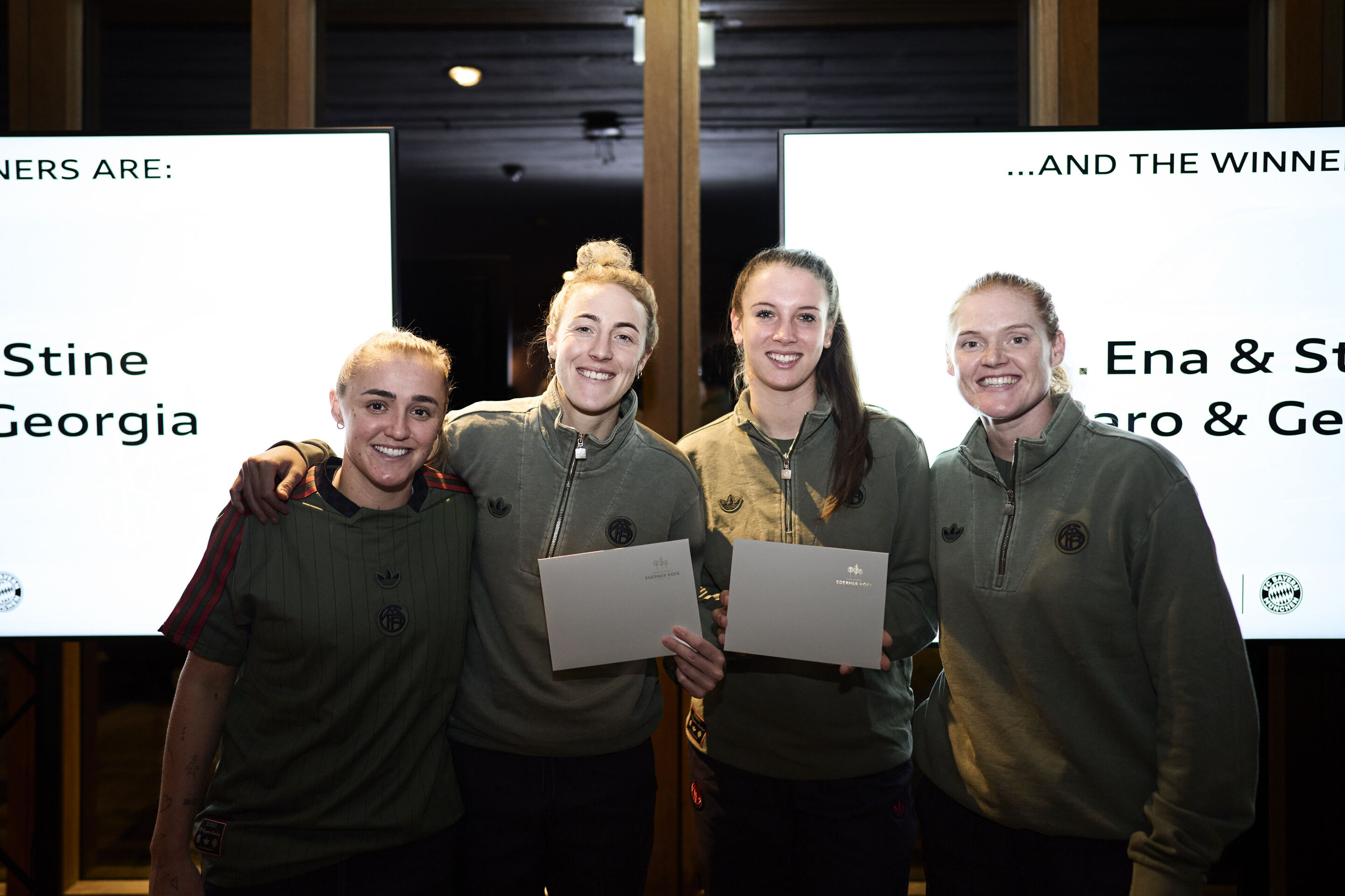 Dynamics meet team spirit: FC Bayern Munich women choose Audi Q3 - Georgia Stanway, Carolin Simon, Ena Mahmutovic and Stine Ballisager, winners of the Audi Q3 Challenge, at the traditional vehicle handover to FC Bayern Munich.