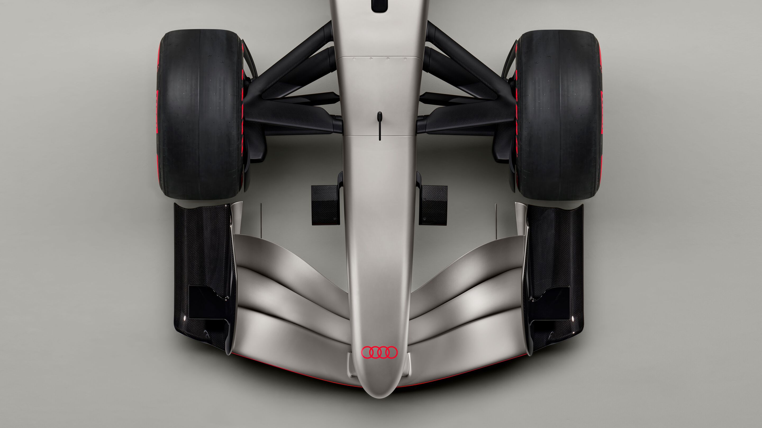 Audi R26 Concept - Indoor studio shot, exterior, bird’s-eye view, detail of wheel suspension, nose, and front wing