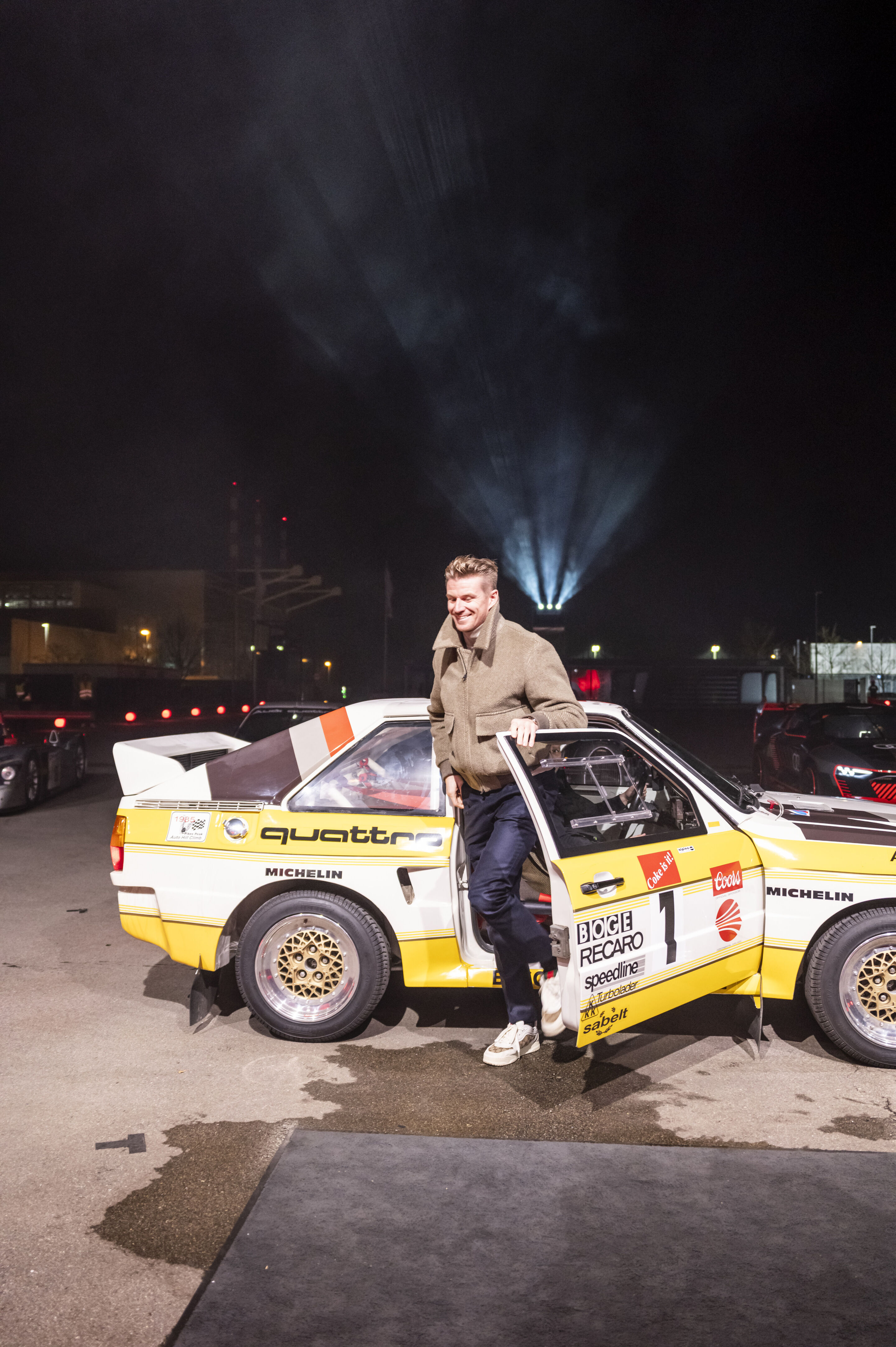 Motorsport legends welcome the Audi R26 Concept - Guests at the event “Audi One” in Munich, November 12, 2025: Nico Hülkenberg in the Audi Sport quattro Rallye S1