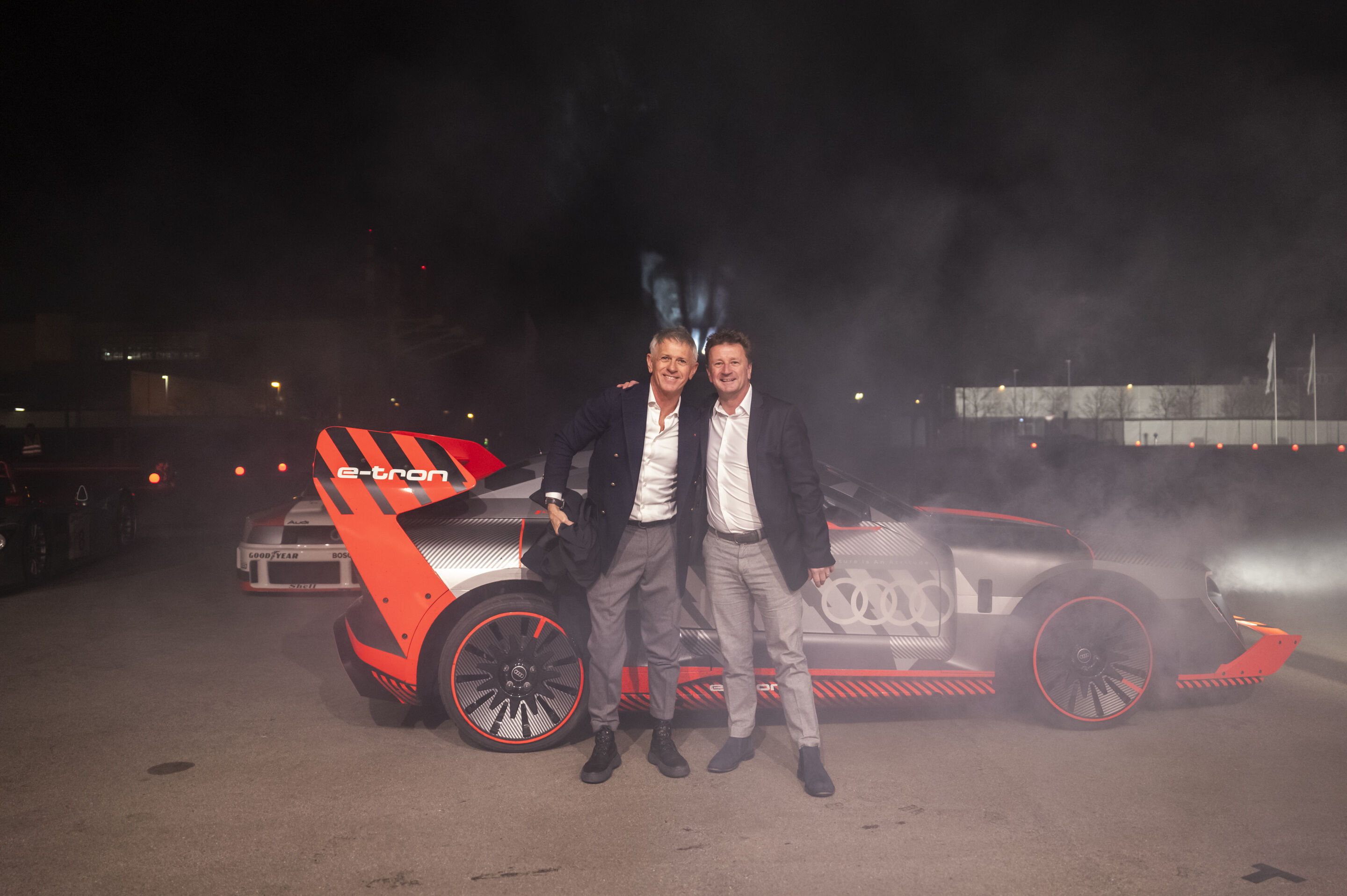 Motorsport legends welcome the Audi R26 Concept - Audi driver legends are guests at the event “Audi One” in Munich, November 12, 2025: Dindo Capello (left) and Allan McNish in the Audi S1 e-tron Hoonitron