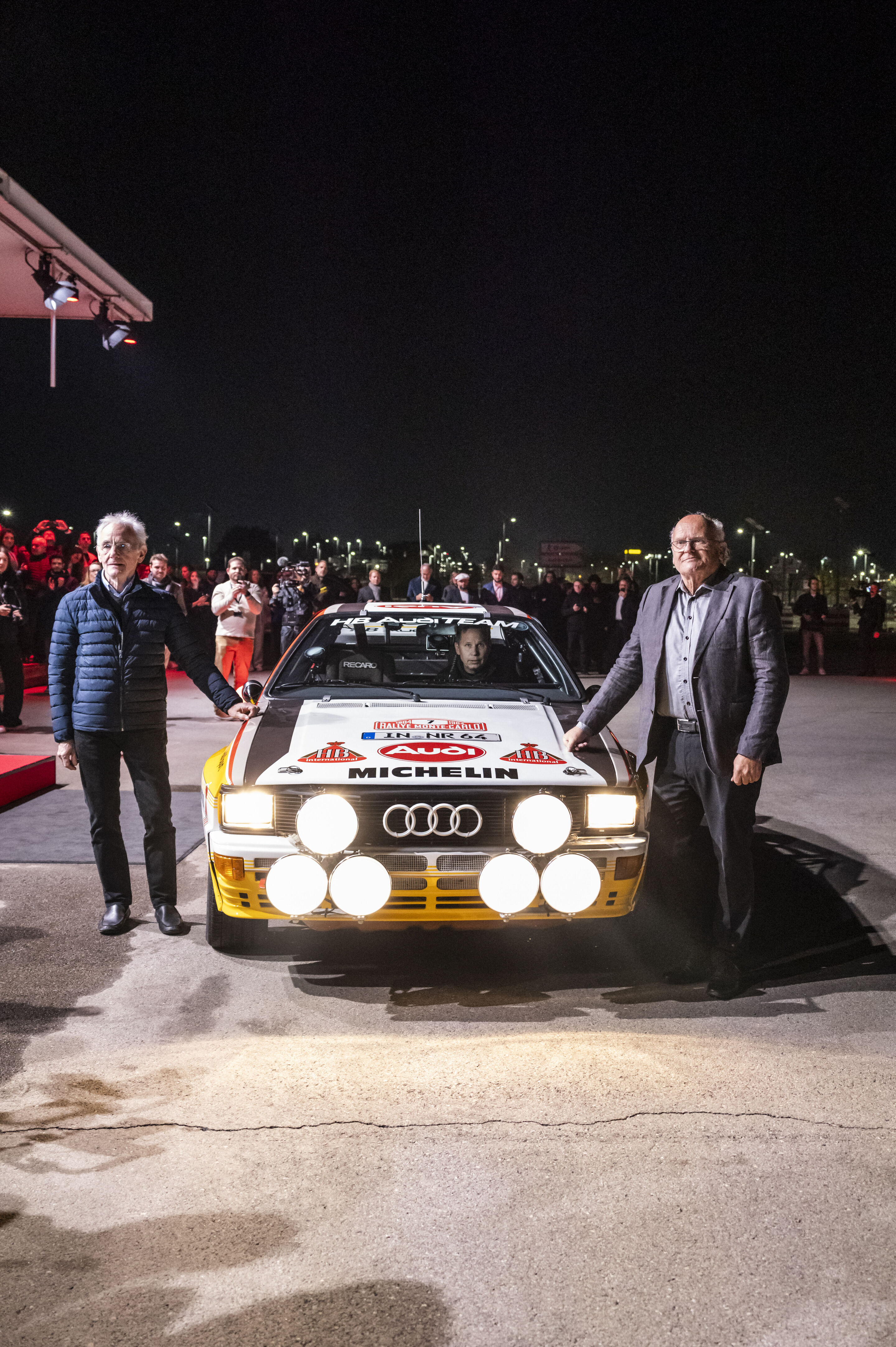 Motorsport legends welcome the Audi R26 Concept - Audi driver legends are guests at the event “Audi One” in Munich, November 12, 2025: Stig Blomqvist (right) and Harald Demuth in the Audi quattro Rallye A2