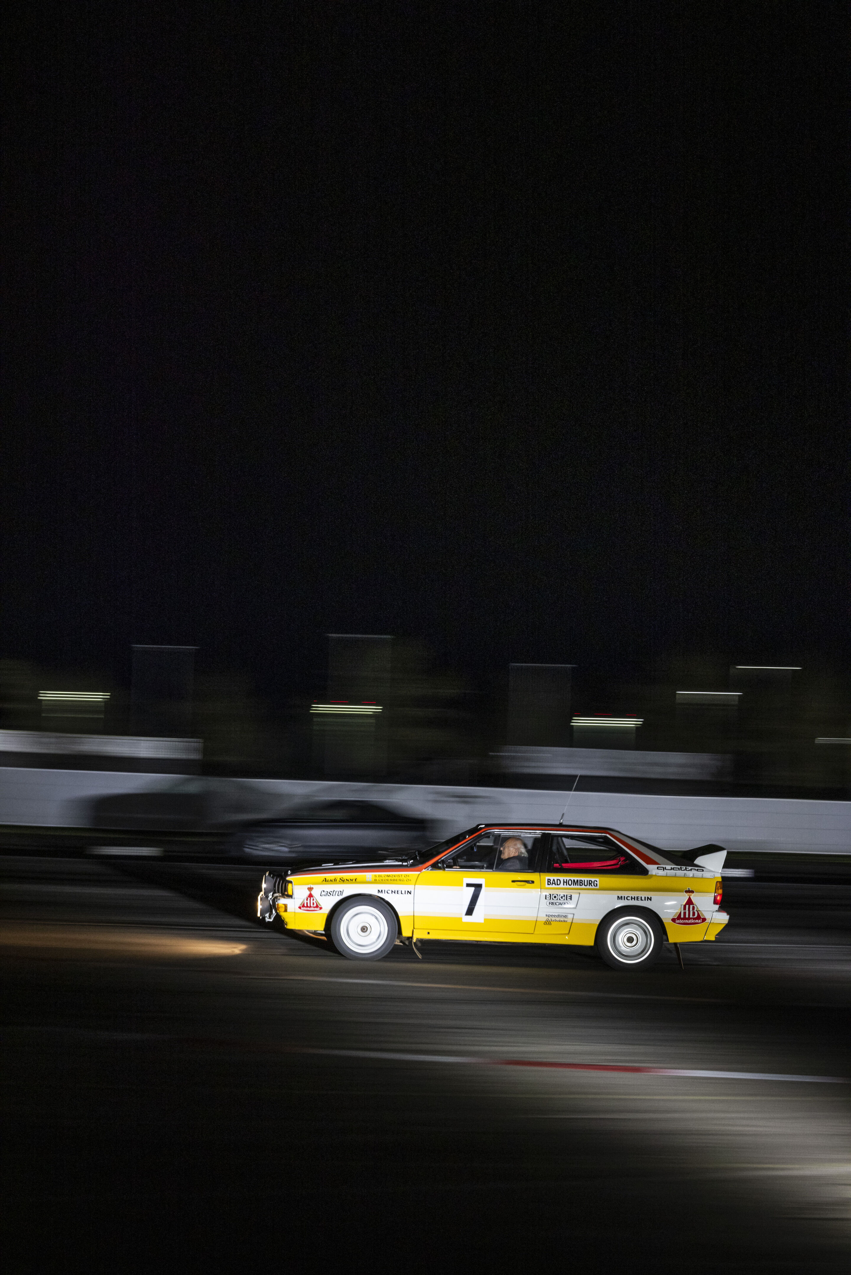 Motorsport legends welcome the Audi R26 Concept - Audi driver legends are guests at the event “Audi One” in Munich, November 12, 2025: Stig Blomqvist and Harald Demuth in the Audi quattro Rallye A2