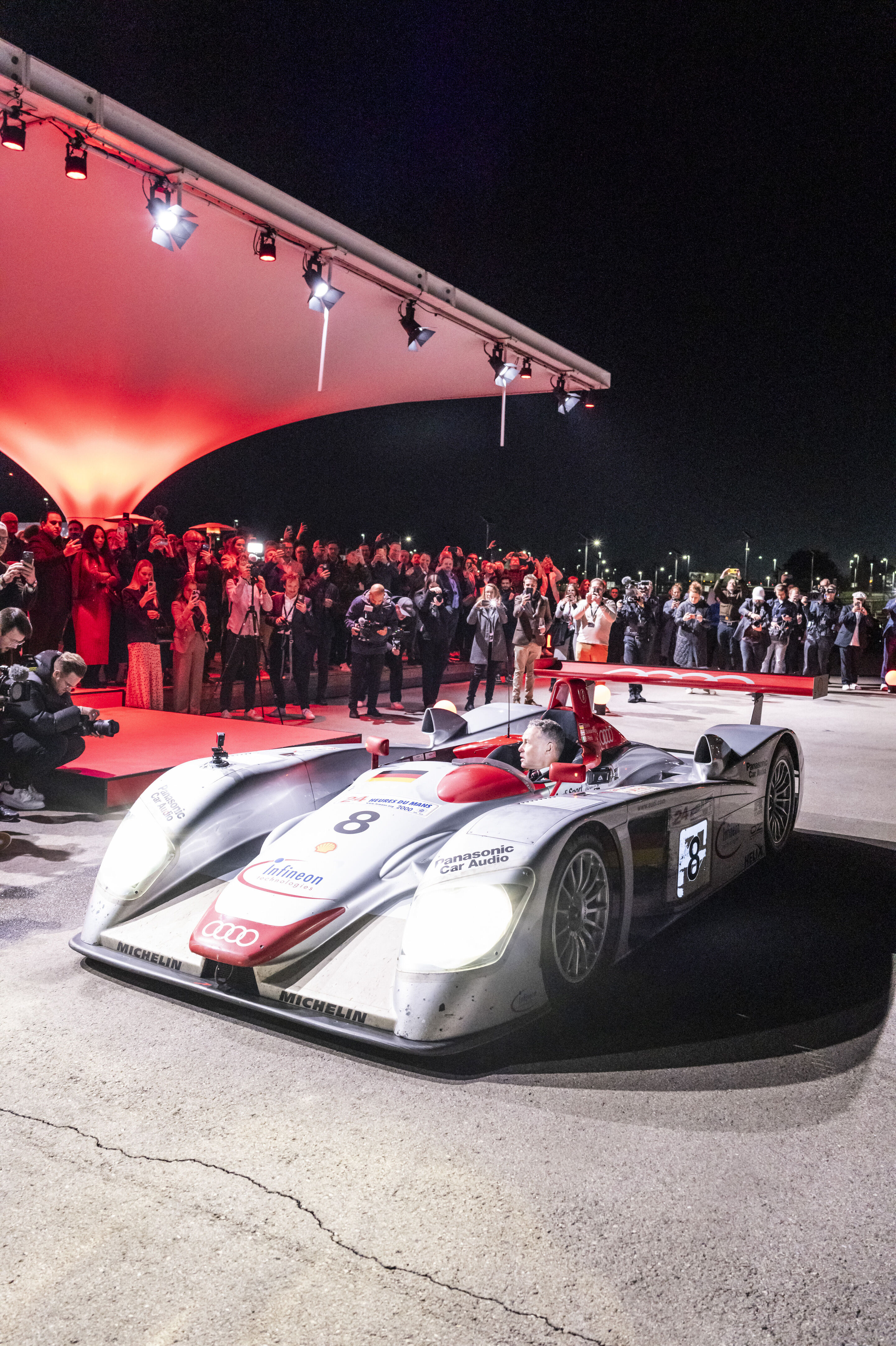 Motorsport legends welcome the Audi R26 Concept - Audi driver legends are guests at the event “Audi One” in Munich, November 12, 2025: Tom Kristensen in the Audi R8 LMP