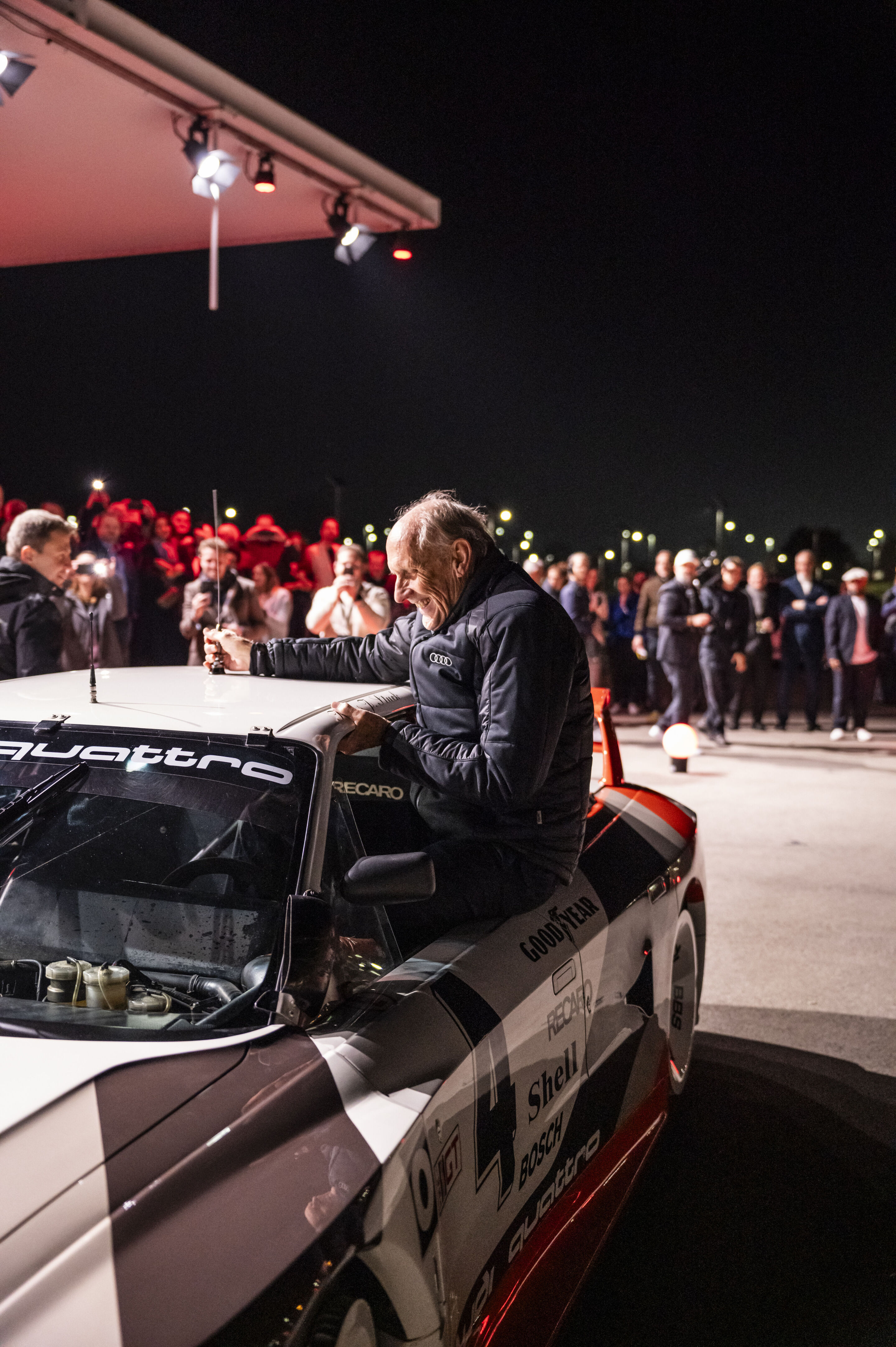 Motorsport legends welcome the Audi R26 Concept - Audi driver legends are guests at the event “Audi One” in Munich, November 12, 2025: Hans-Joachim Stuck in the Audi 90 quattro IMSA GTO
