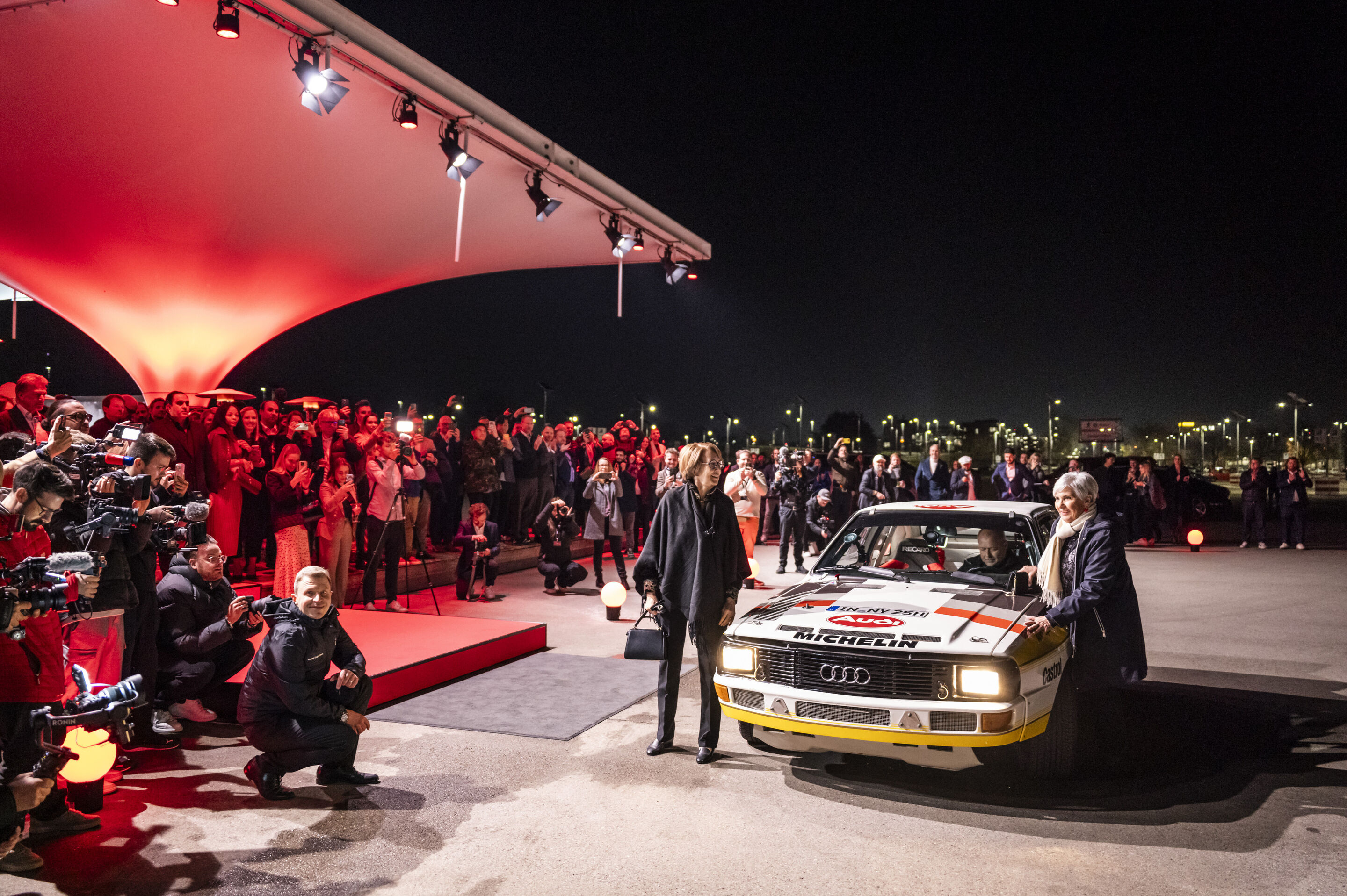 Motorsport legends welcome the Audi R26 Concept - Audi driver legends are guests at the event “Audi One” in Munich, November 12, 2025: Michele Mouton (right) and Fabrizia Pons in the Audi Sport quattro Rallye S1