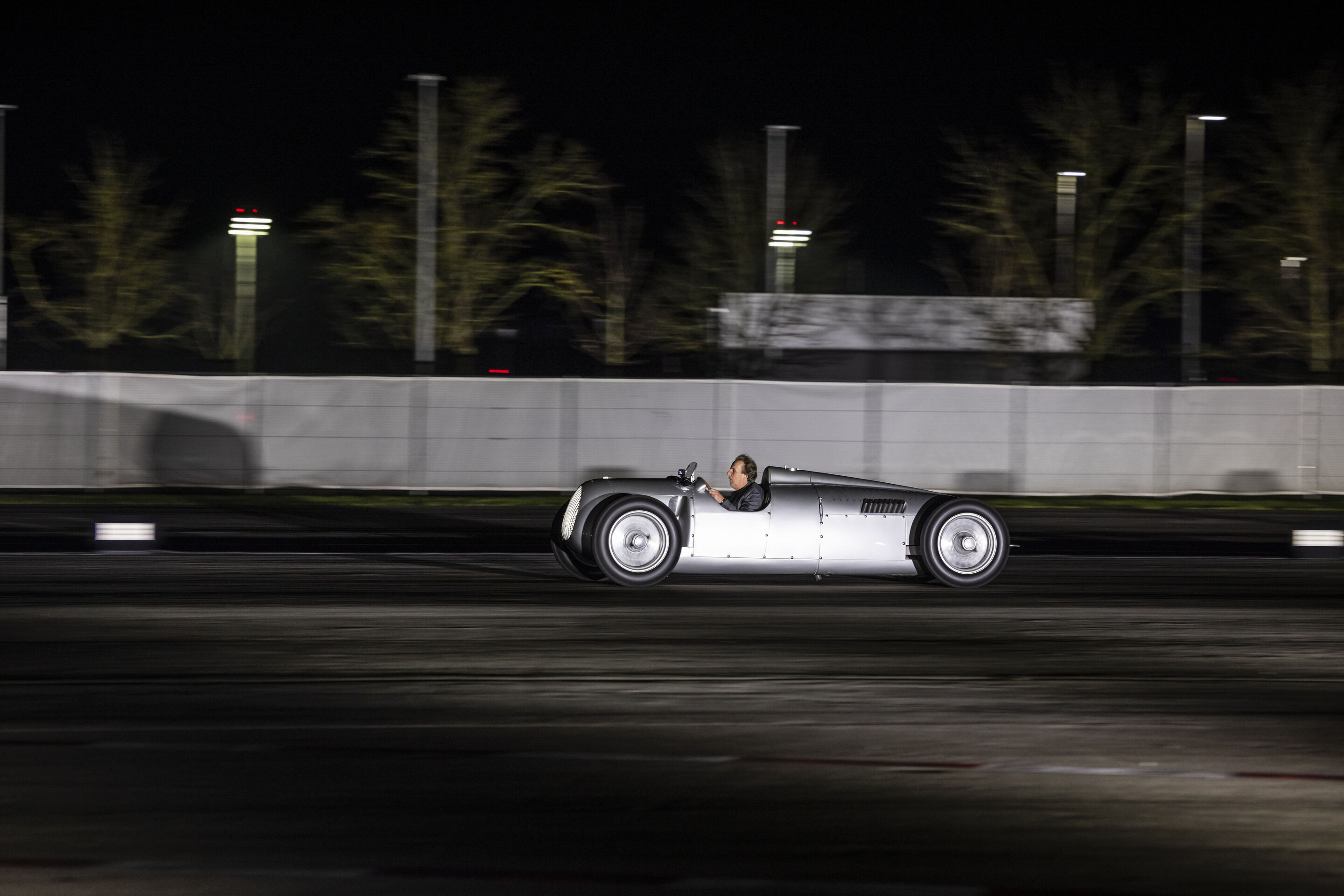 Motorsport legends welcome the Audi R26 Concept - Audi driver legends are guests at the event “Audi One” in Munich, November 12, 2025: Frank Biela in the Auto Union Typ C