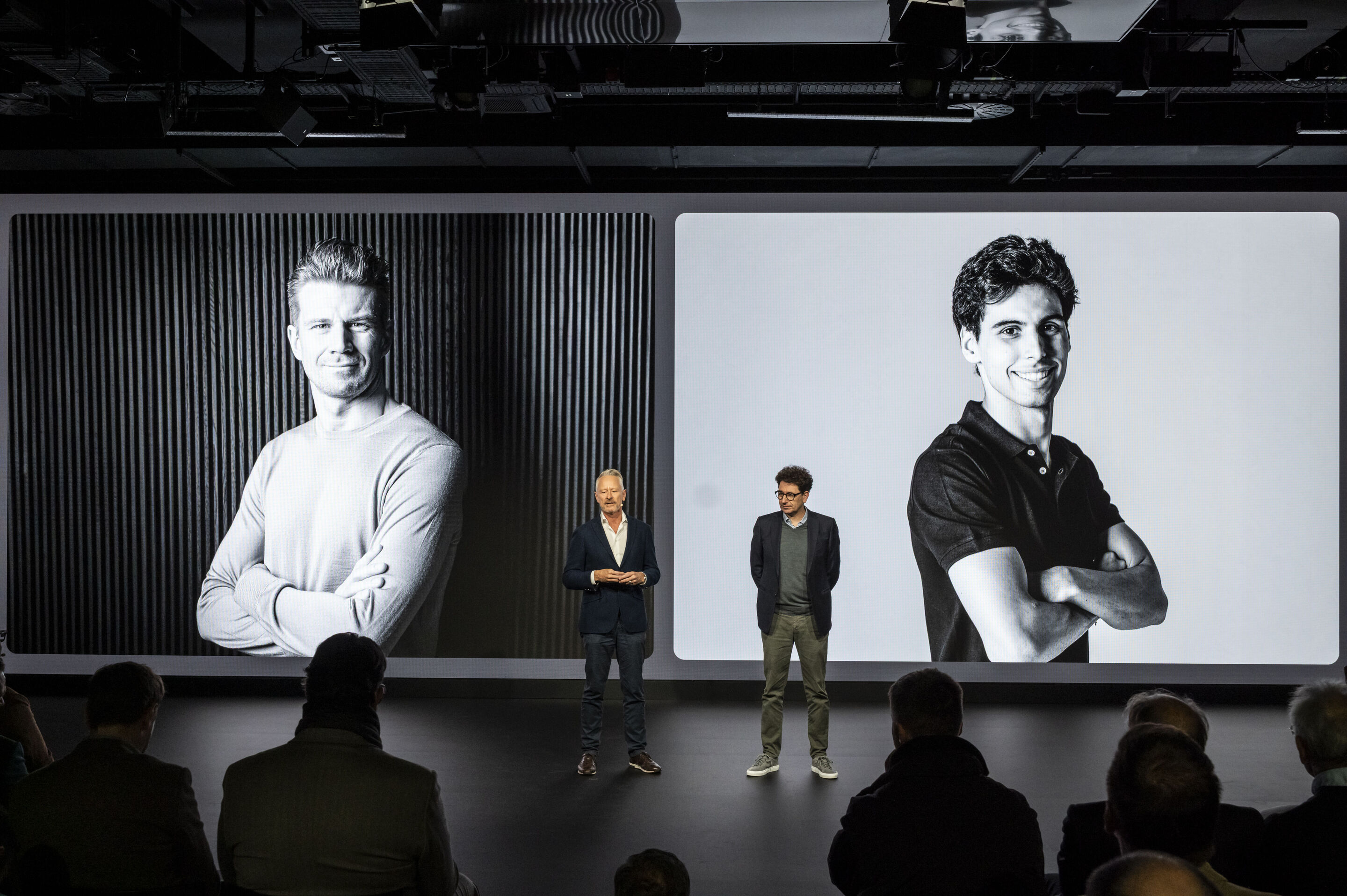 Audi unveils design for Formula 1 - Team Principal Jonathan Wheatley and Head of Audi F1 Project Mattia Binotto at the reveal event “Audi One” in Munich, November 12, 2025 (from left)