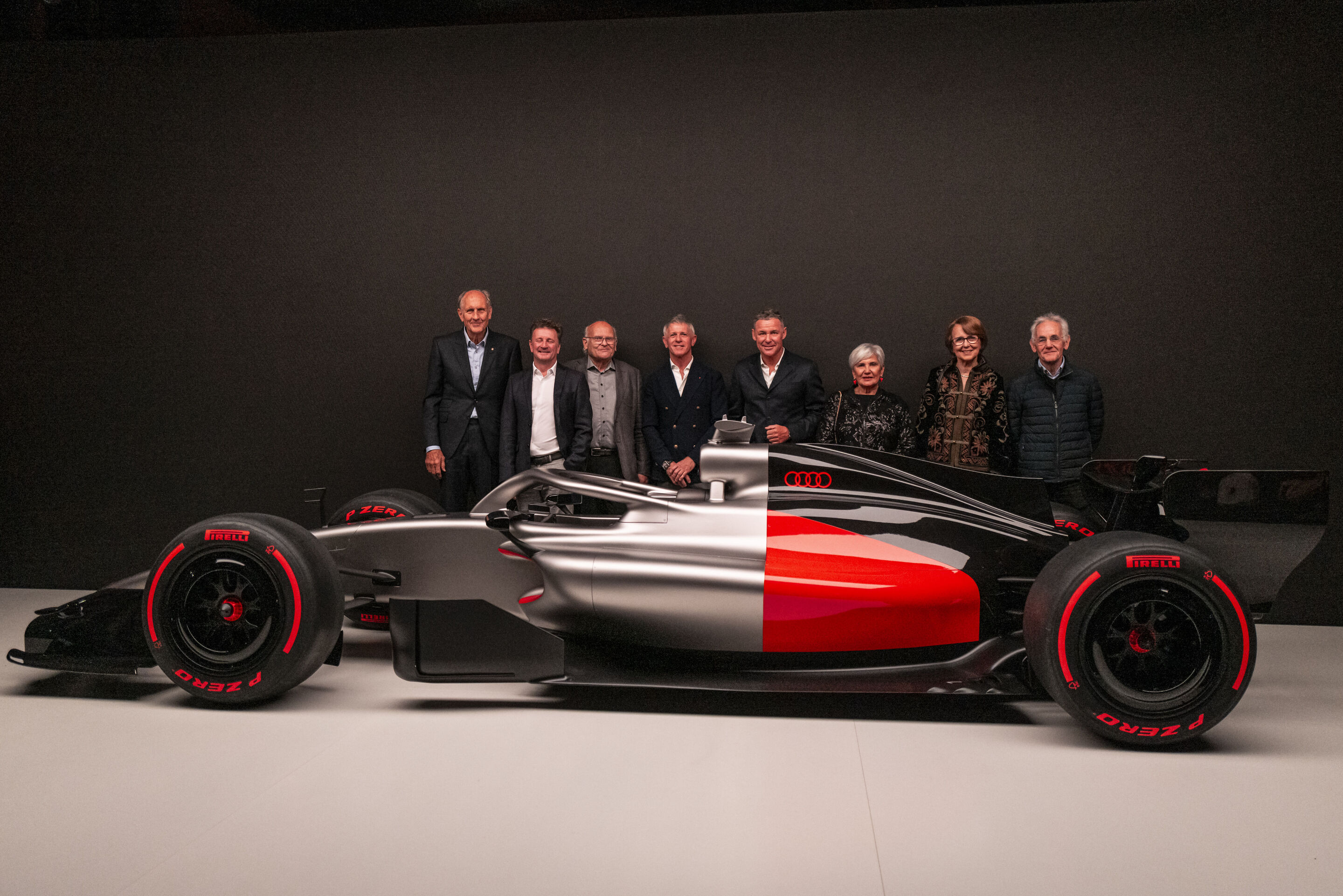 Audi unveils design for Formula 1 - Hans-Joachim Stuck, Allan McNish, Stig Blomqvist, Dindo Capello, Tom Kristensen, Michèle Mouton, Fabrizia Pons and Harald Demuth at the reveal event “Audi One” in Munich, November 12, 2025 (from left)