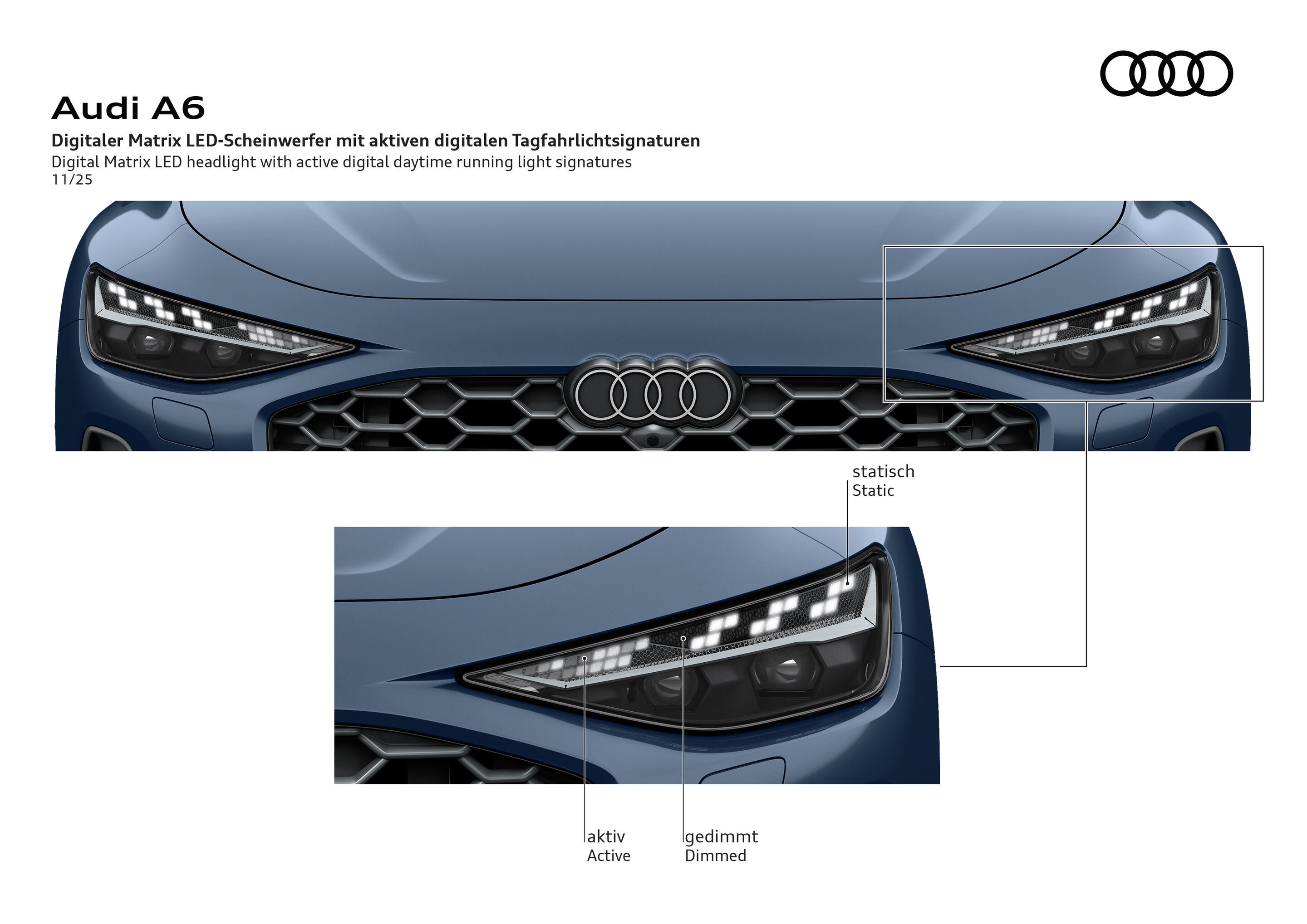 Illustration - Updates for five Audi model series: more emotion, comfort, and features in store - Digital Matrix LED headlight with active digital daytime running light signatures. Illustration of variable light signatures: static, active, and dimmed.