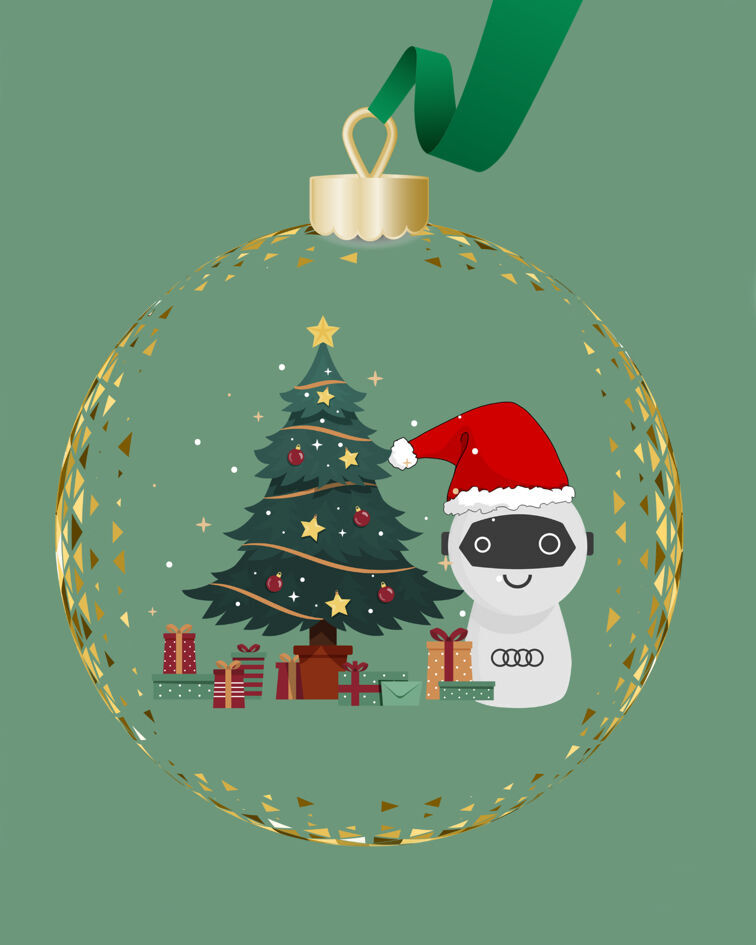 Kinder gestalten Weihnachtskugeln mit Roboter ADUI - Illustration einer Weihnachtskugel, in der sich Roboter ADUI, ein geschmückter Weihnachtsbaum und Geschenke befinden.