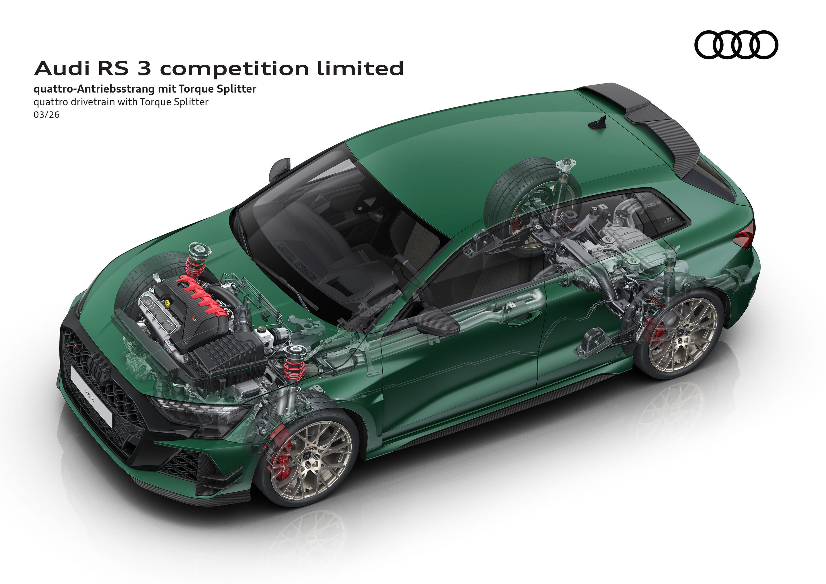 Illustration - Audi RS 3 competition limited - Im RS 3 competition limited kommt ein Gewindefahrwerk inklusive neuem Hinterachsstabilisator zum Einsatz. Im Zusammenspiel mit dem Torque Splitter und den Keramikbremsen bietet das Sondermodell damit ein...