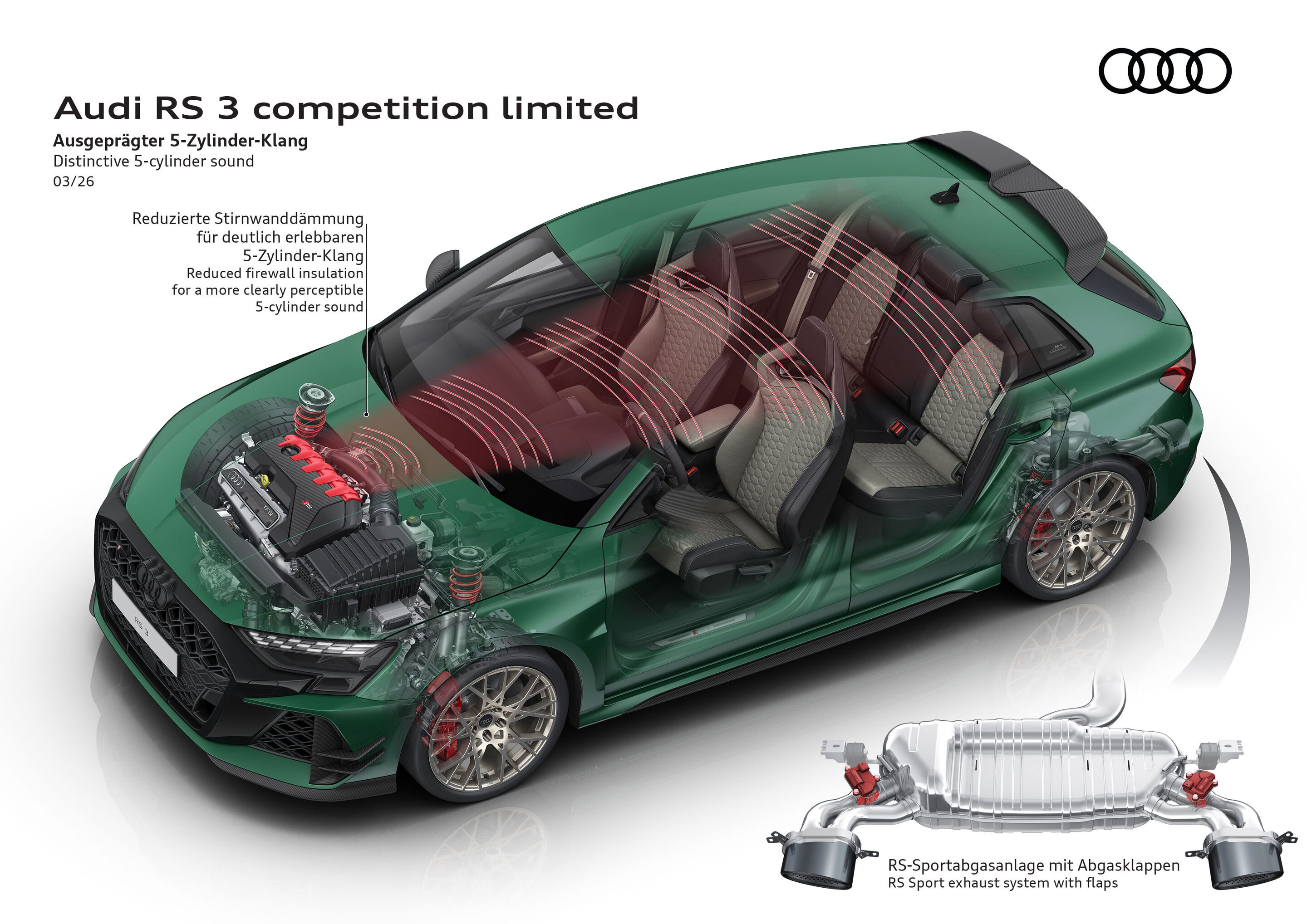 Illustration - Audi RS 3 competition limited - Durch die reduzierte Stirnwanddämmung ist der charakteristische Sound des Fünfzylinders noch deutlicher erlebbar. Die serienmäßige RS-Sportabgasanlage bringt mit ihrer vollvariablen Klappensteuerung ein breites...
