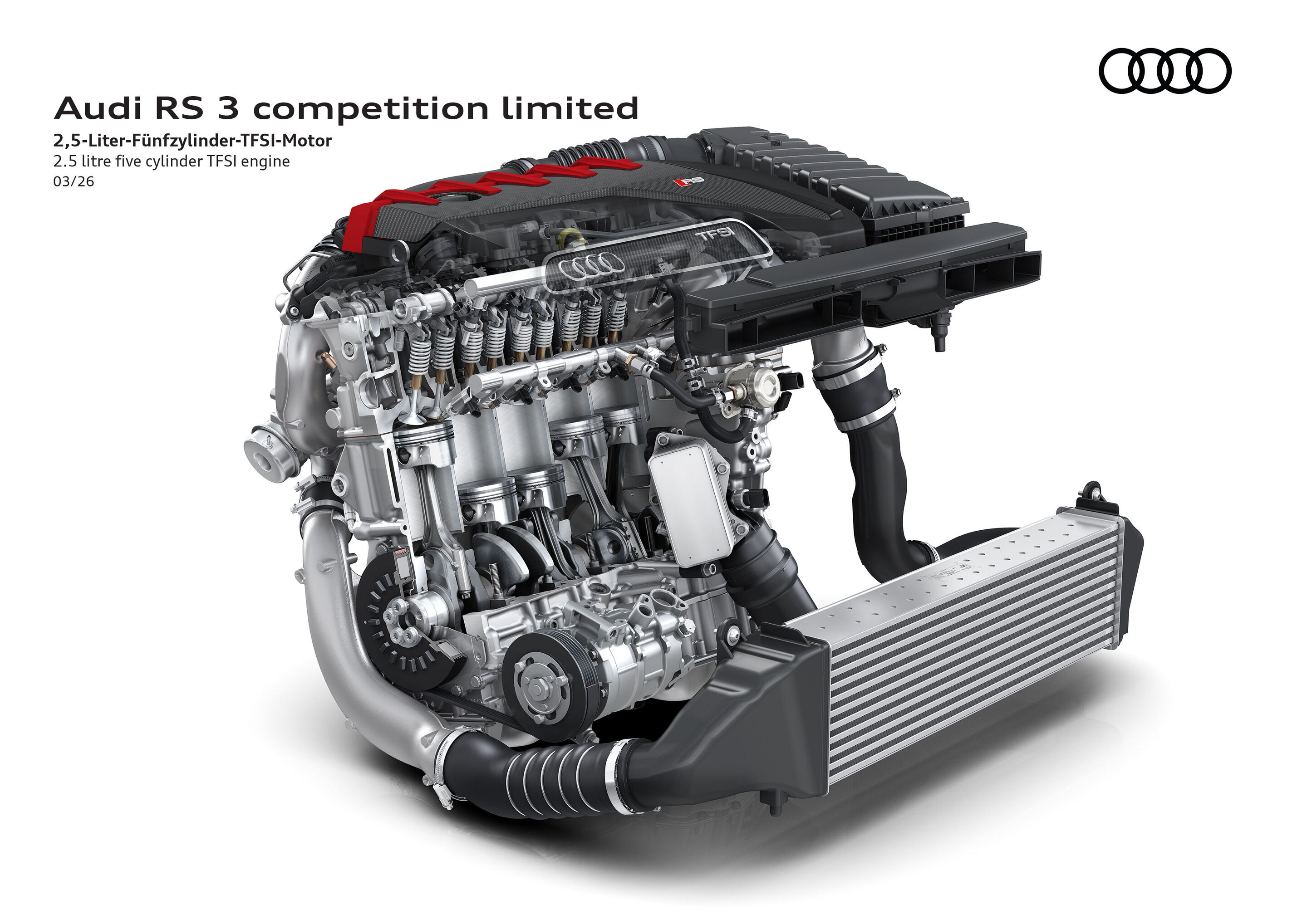 Illustration - Audi RS 3 competition limited - The inline five-cylinder engine in the RS 3 competition limited outputs 294 kW (400 PS) and 500 Nm from 2.5 liters of displacement. This ensures the model to accelerate from 0 to 100 km/h in 3.8 seconds and...