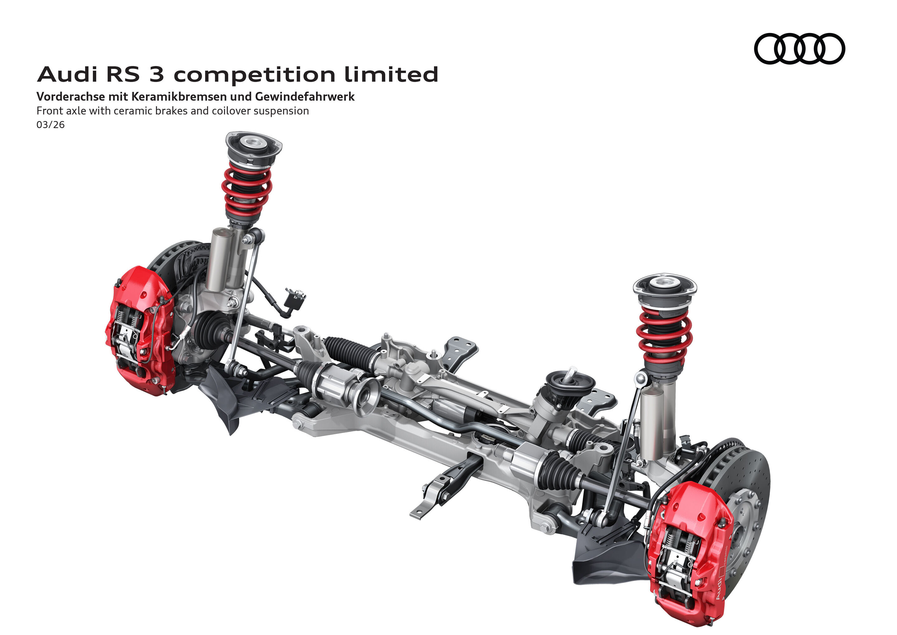 Illustration - Audi RS 3 competition limited - The twin-tube shock absorbers at the front axle have external reservoirs. Their larger volume contributes to better cooling of the damper hydraulics. This keeps the damping performance constant, even under...