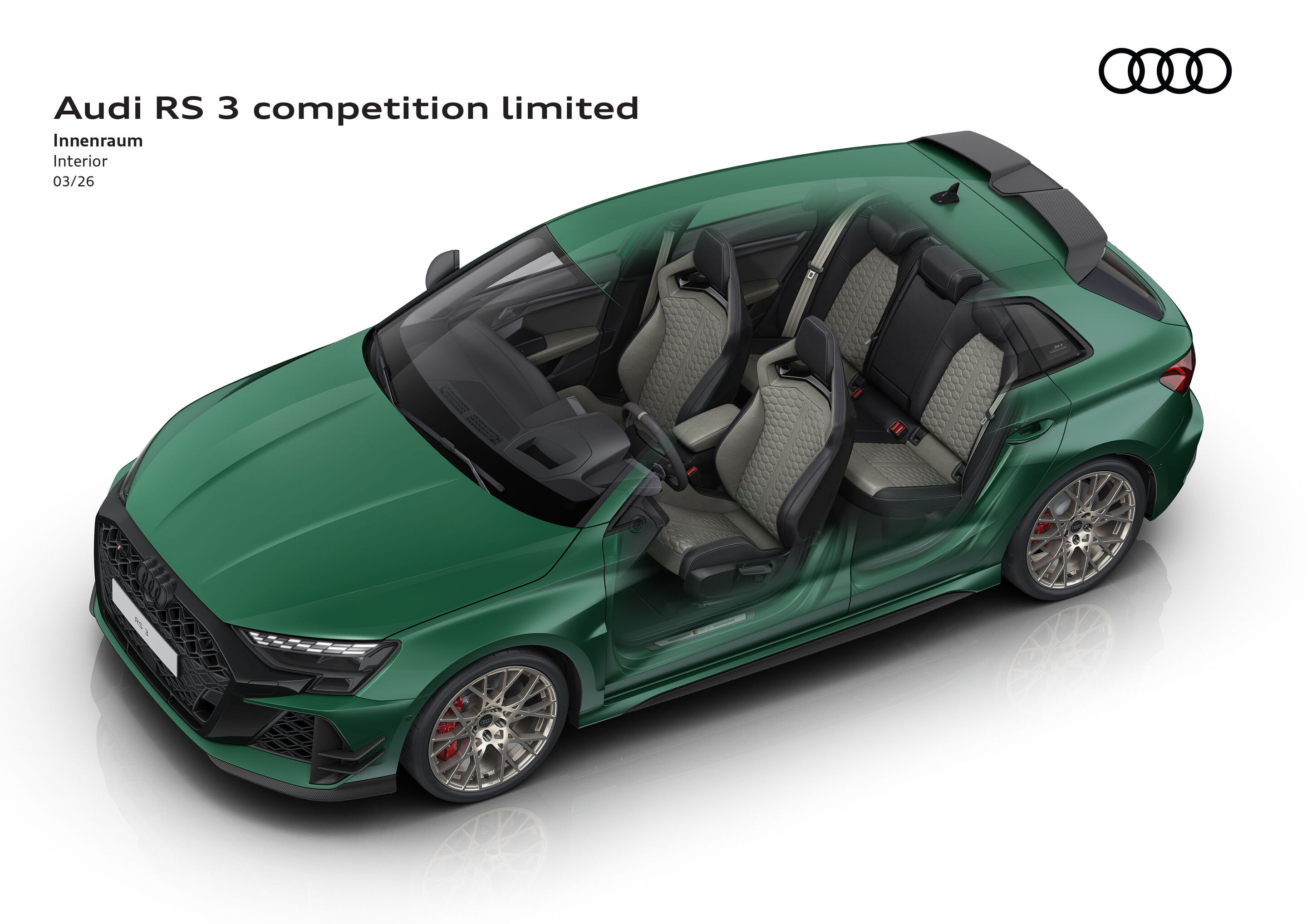 Illustration - Audi RS 3 competition limited - In the interior, the special edition, which is limited to 750 units, shows its exclusivity thanks to the colour combination of Neodymium gold, Ginger white and black.