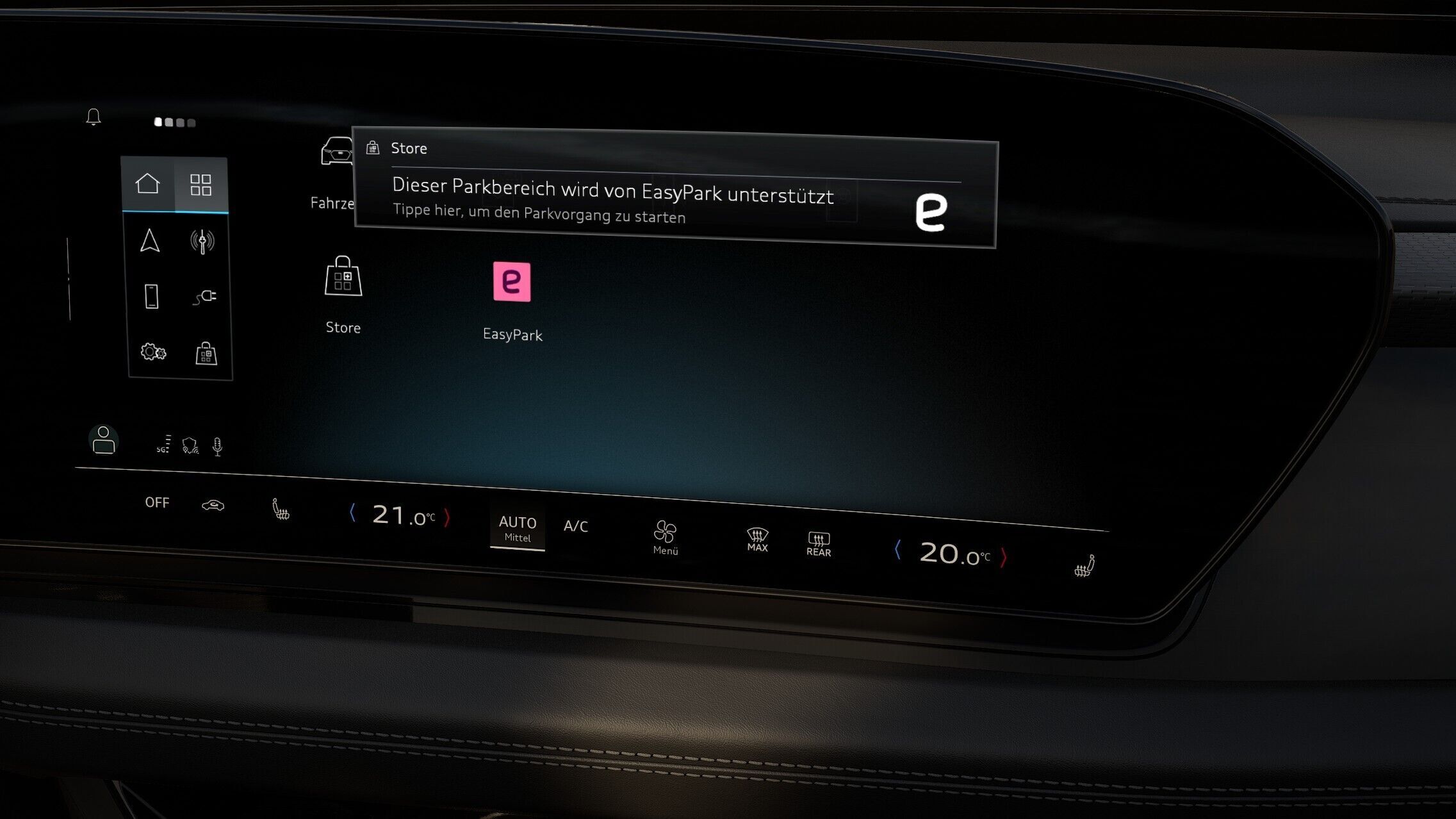 Bequemer, schneller, kontaktlos: Audi integriert neue Apps für Parken, Laden und Tanken - Das MMI-Display zeigt die Meldung „Dieser Parkbereich wird von EasyPark unterstützt“. Kundinnen und Kunden können den Parkvorgang direkt per Fingertipp starten –...