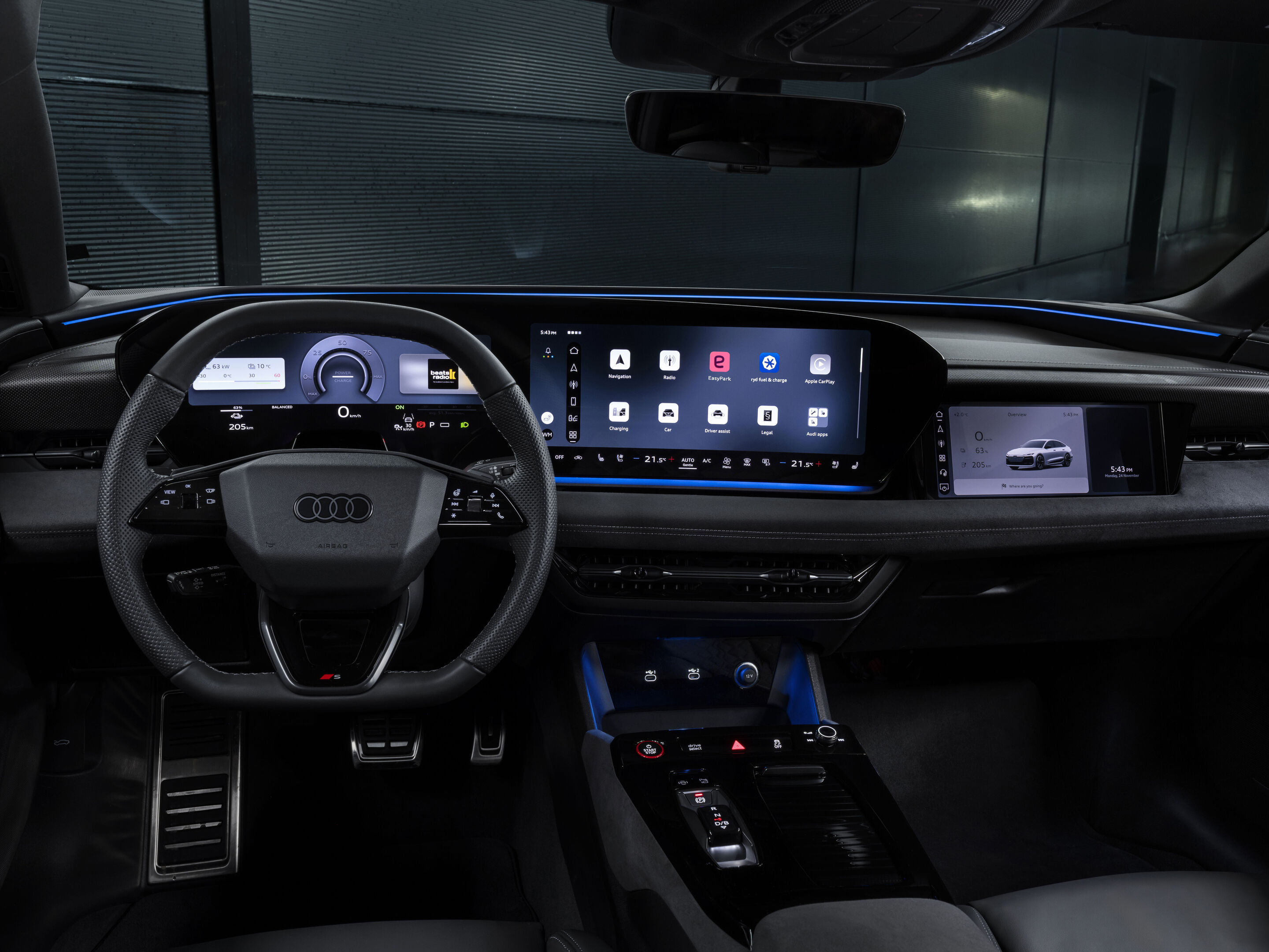 More convenient, faster, contactless: Audi integrates new apps for parking, charging, and fueling - Modern Audi cockpit with panoramic display and integrated Audi Application Store. In addition to the digital instrument cluster, apps such as EasyPark...