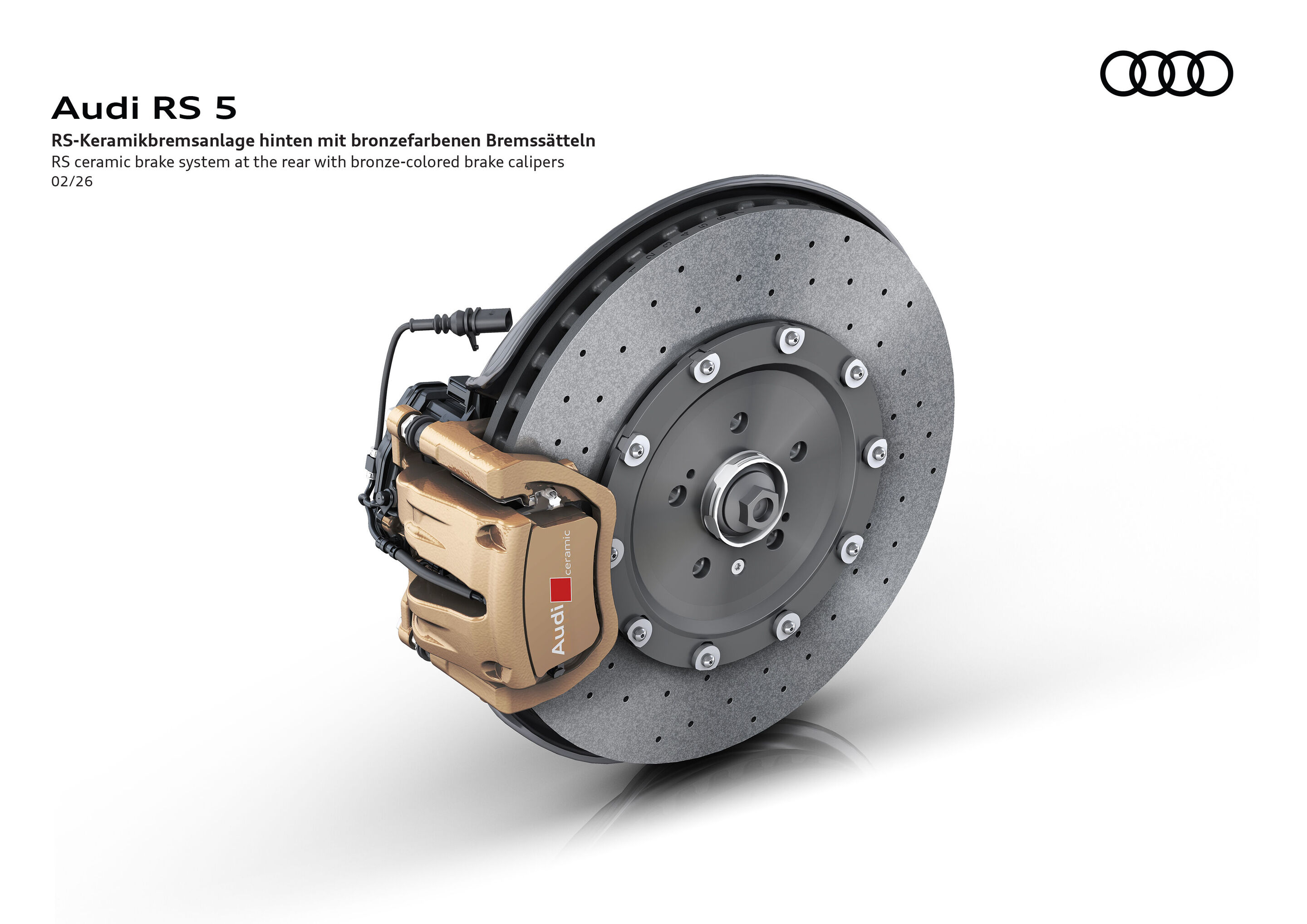 Illustration - Audi RS 5 - The discs of the optional RS ceramic brakes measure 420 mm at the rear and 440 mm at the front, delivering impressive braking performance. The weight saving compared to steel brakes is around 30 kilograms.