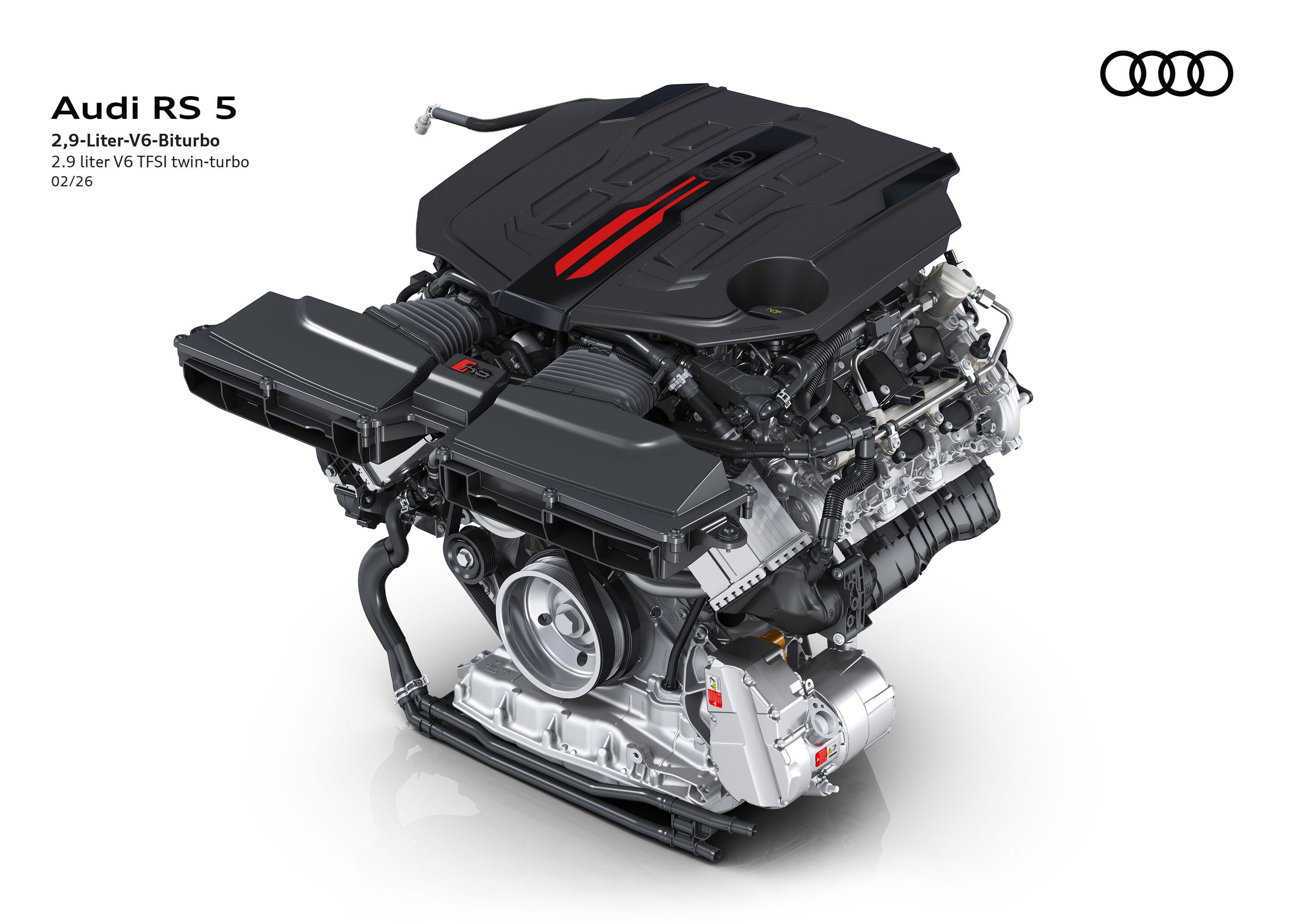 Illustration - Audi RS 5 - Putting out 375 kW (510 PS), the 2.9-liter V6 TFSI engine contributes noticeably more power than the previous generation. The increase of 44 kW is due to continuous performance-oriented development.