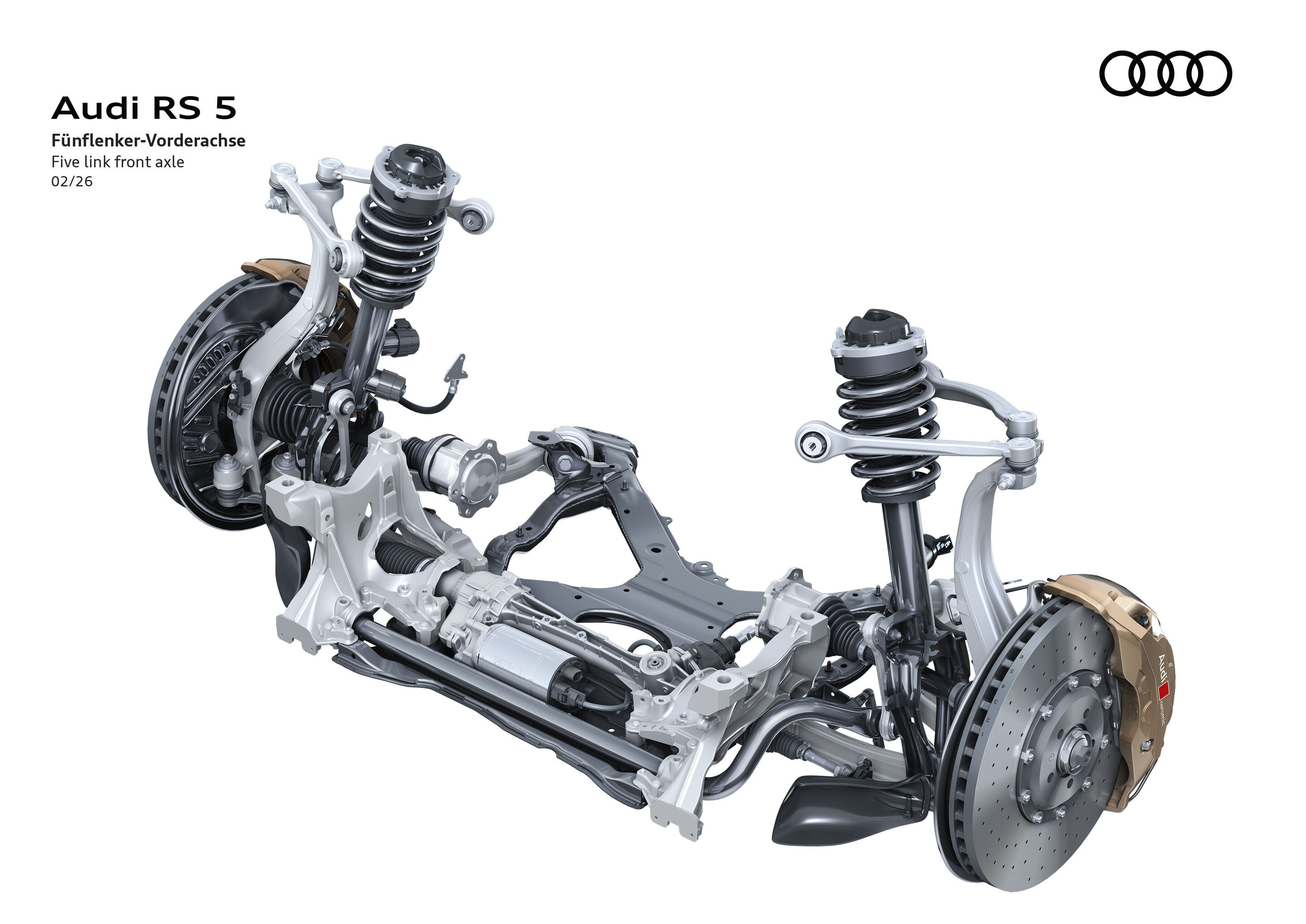 Illustration - Audi RS 5 - The new front axle has been deliberately further developed, with new swivel bearings, control arms, and rubber mounts noticeably improving the suspension tuning.