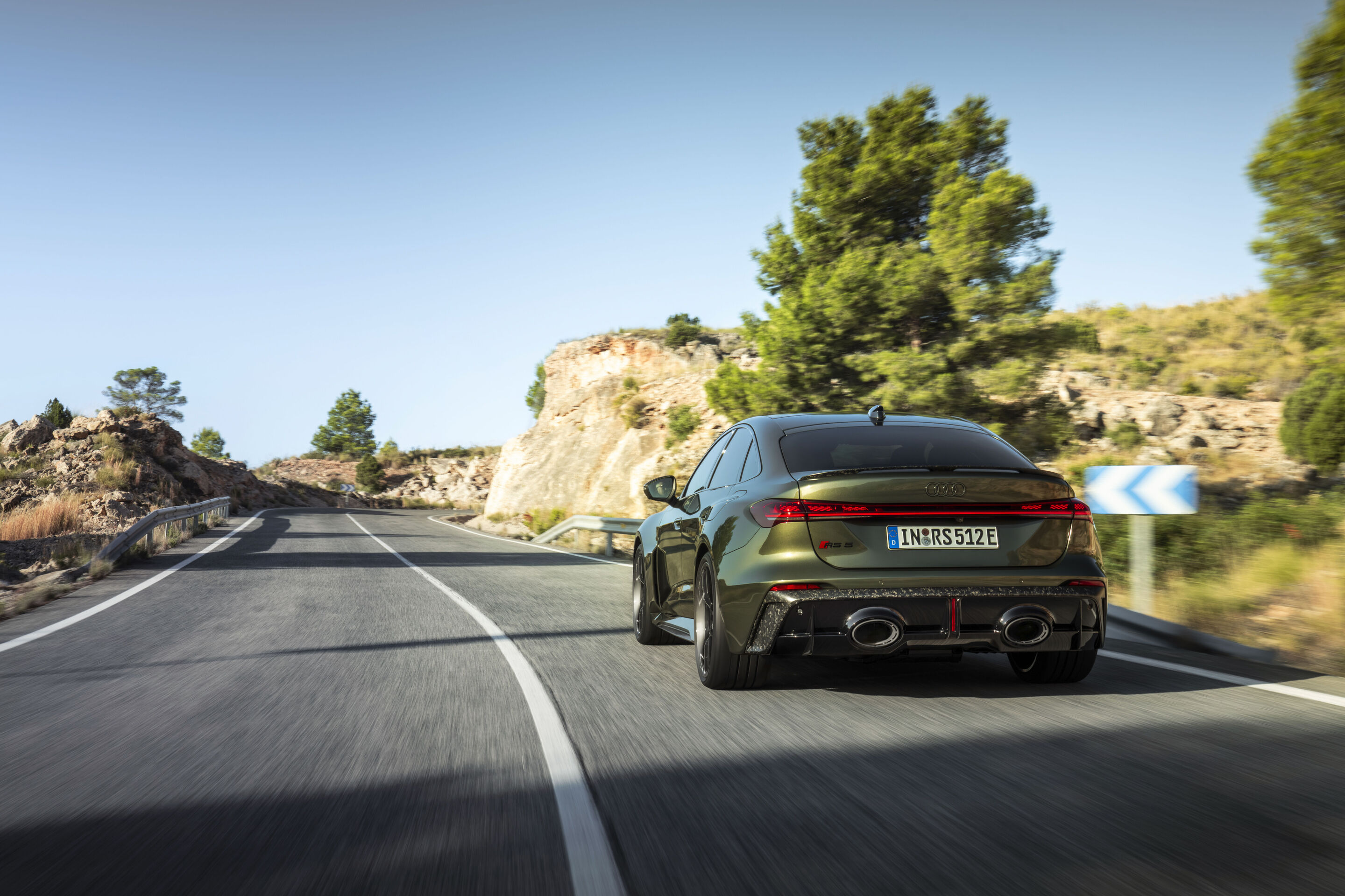 Audi RS 5 Sedan - Bedford green metallic, outdoor dynamic photo, exterior, rear view