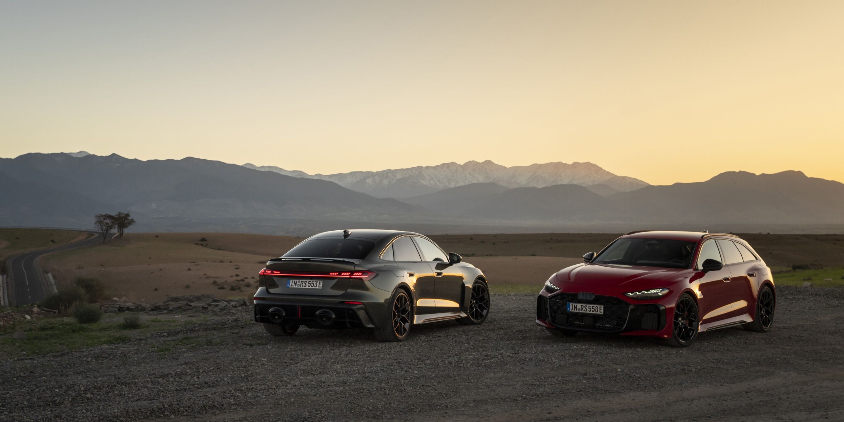 Audi RS 5 Limousine / Audi RS 5 Avant - Audi RS 5 Limousine in Bedfordgrün Metallic, Dreiviertelheckansicht und Audi RS 5 Avant in Progressivrot Metallic, Dreiviertelfrontansicht, Outdoor-Standaufnahme, Exterieur