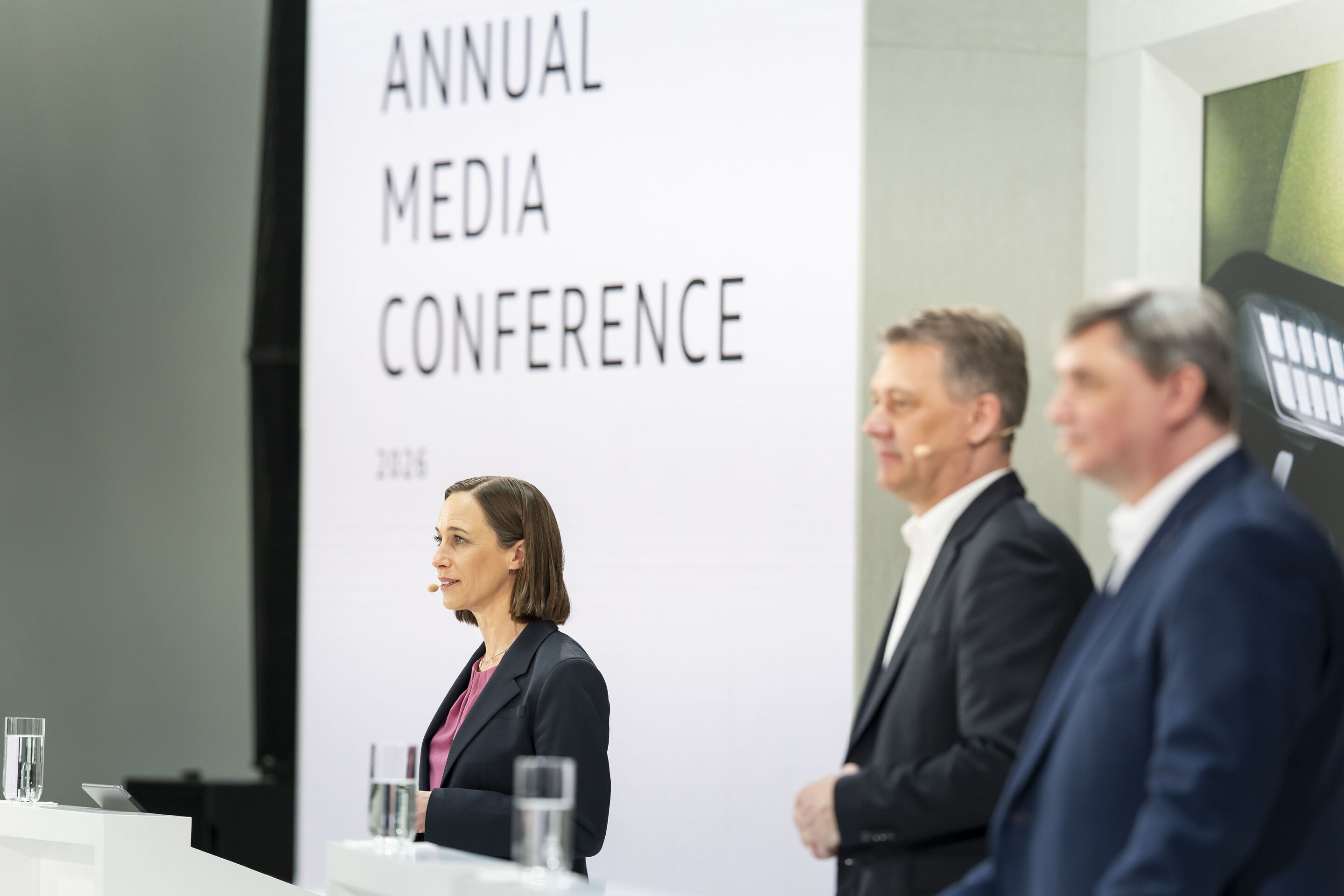 Audi Annual Media Conference 2026 - Carolin Strunz, Vice President Global Communications and Corporate Affairs, Jürgen Rittersberger, Member of the Board of Management for Finance, Legal Affairs and IT, and Gernot Döllner, Chairman of the Board of Management,...