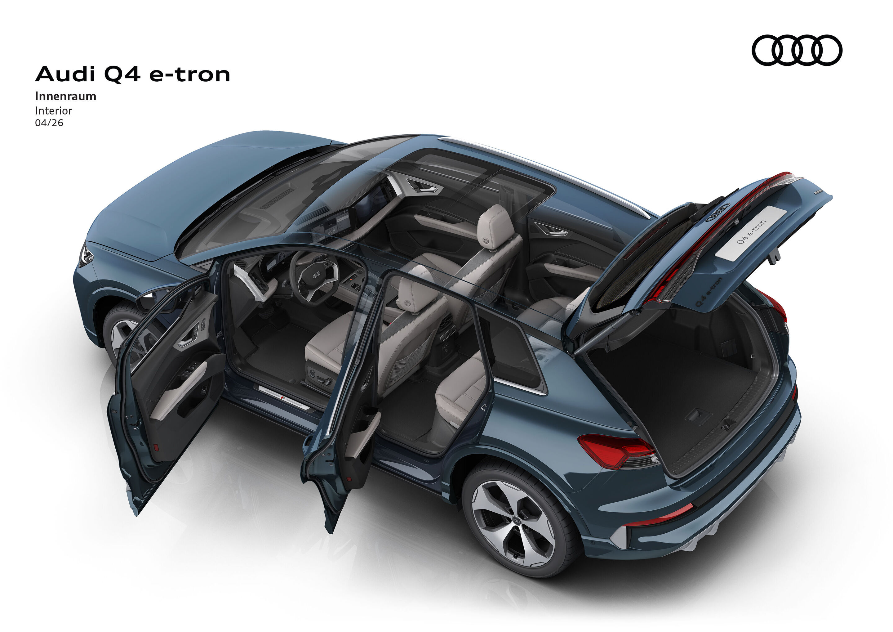Illustration - Audi Q4 e-tron - Der Audi Q4 e-tron mit geöffneten Türen und Heckklappe zur Darstellung des Raumangebots.