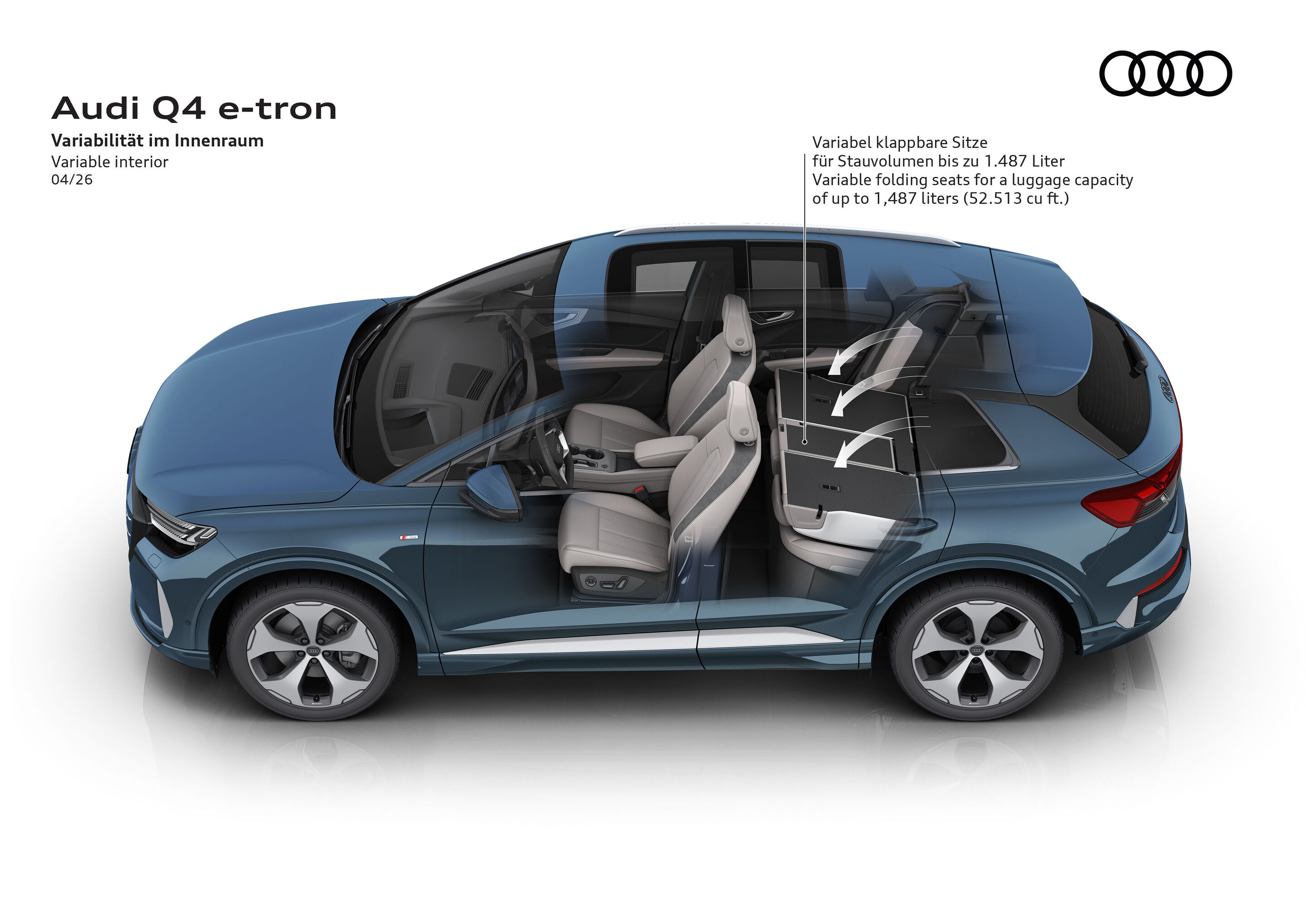 Illustration - Audi Q4 e-tron - Audi Q4 e-tron with foldable rear bench and flexible luggage compartment.