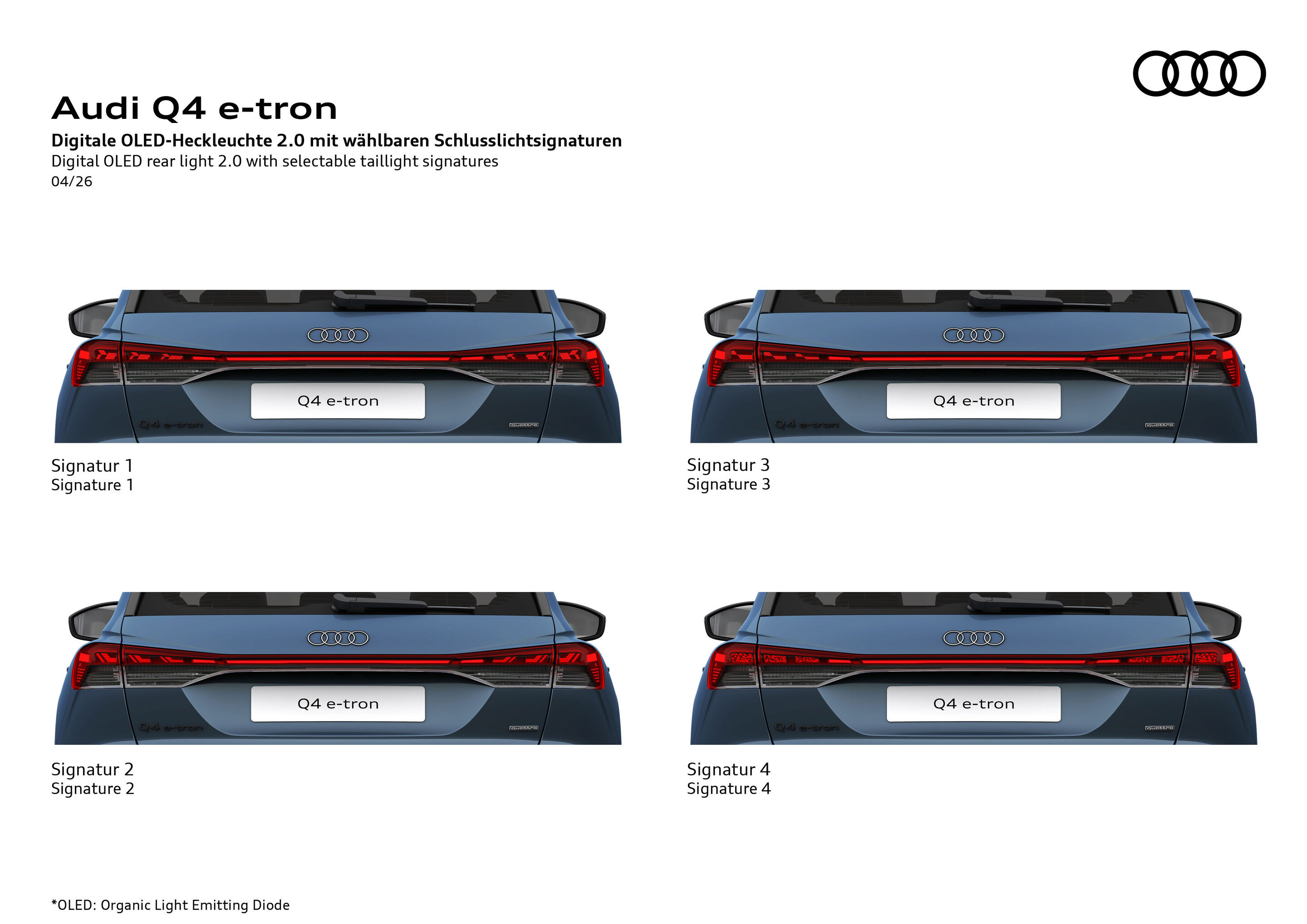 Illustration - Audi Q4 e-tron - Rear views of the Audi Q4 e-tron with four selectable digital OLED light signatures.