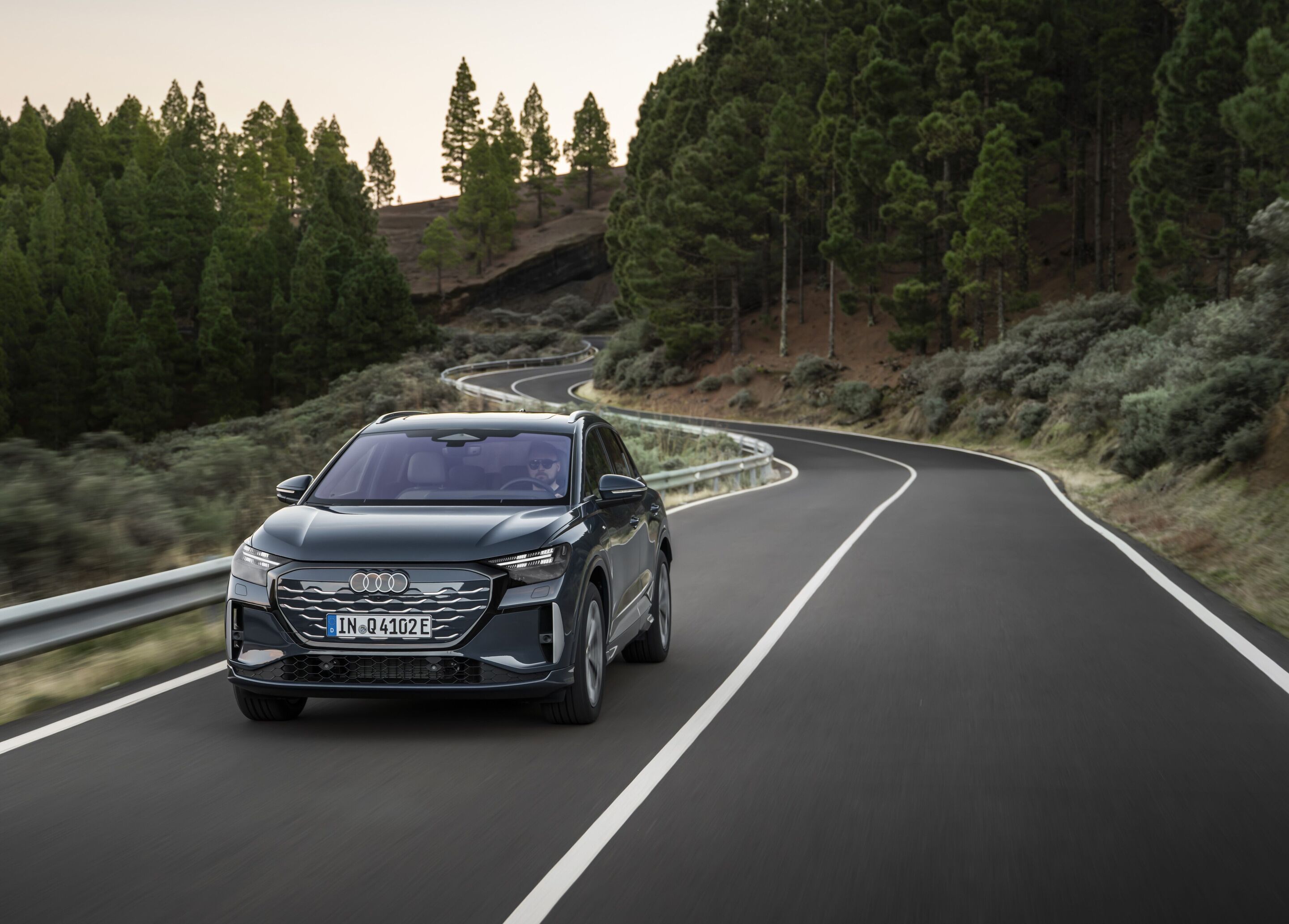 Audi Q4 SUV e-tron - Lavender gray, outdoor dynamic photo, exterior, front view