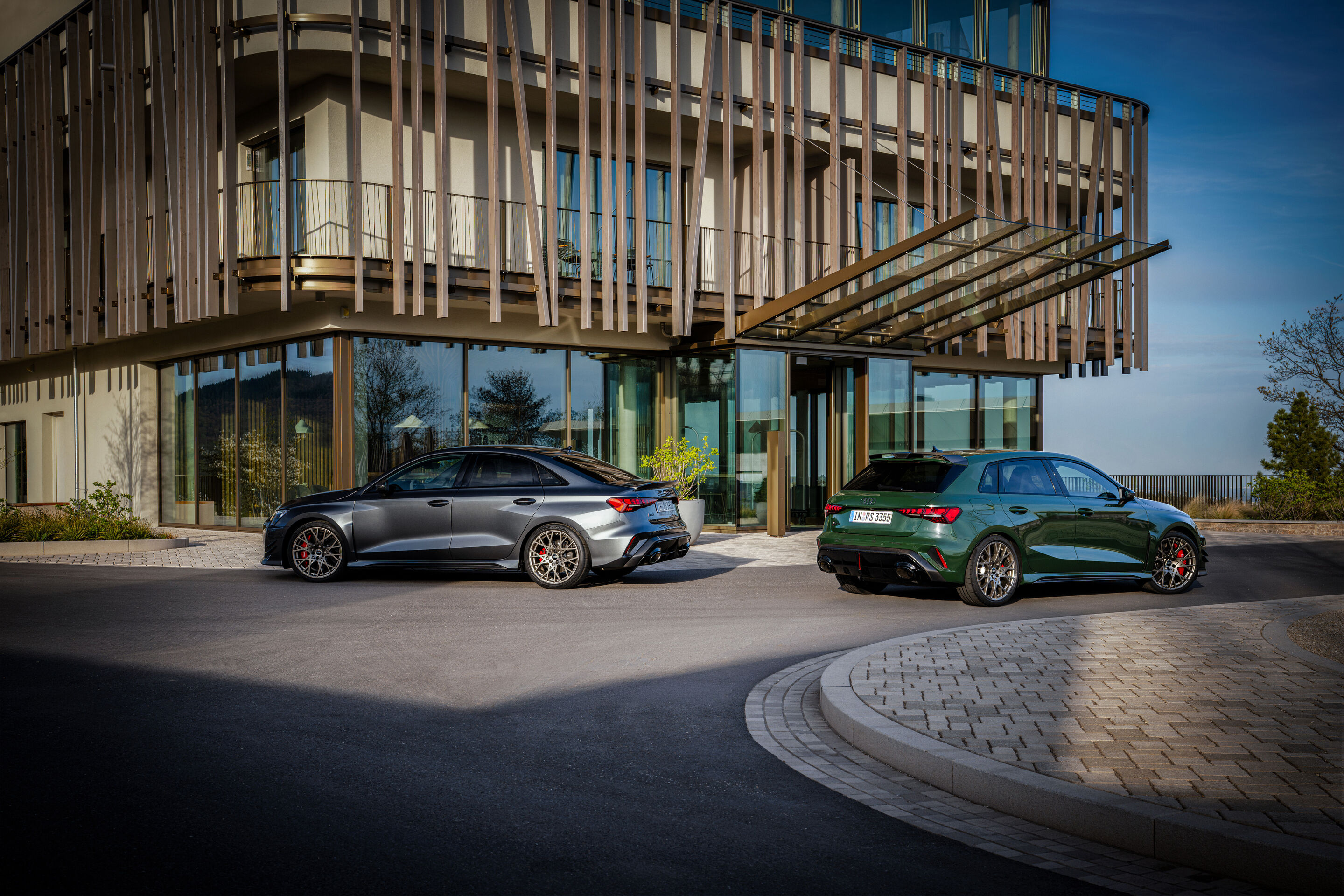 50 years of the Audi five-cylinder - Rear side view of two Audi RS3 competition limited models