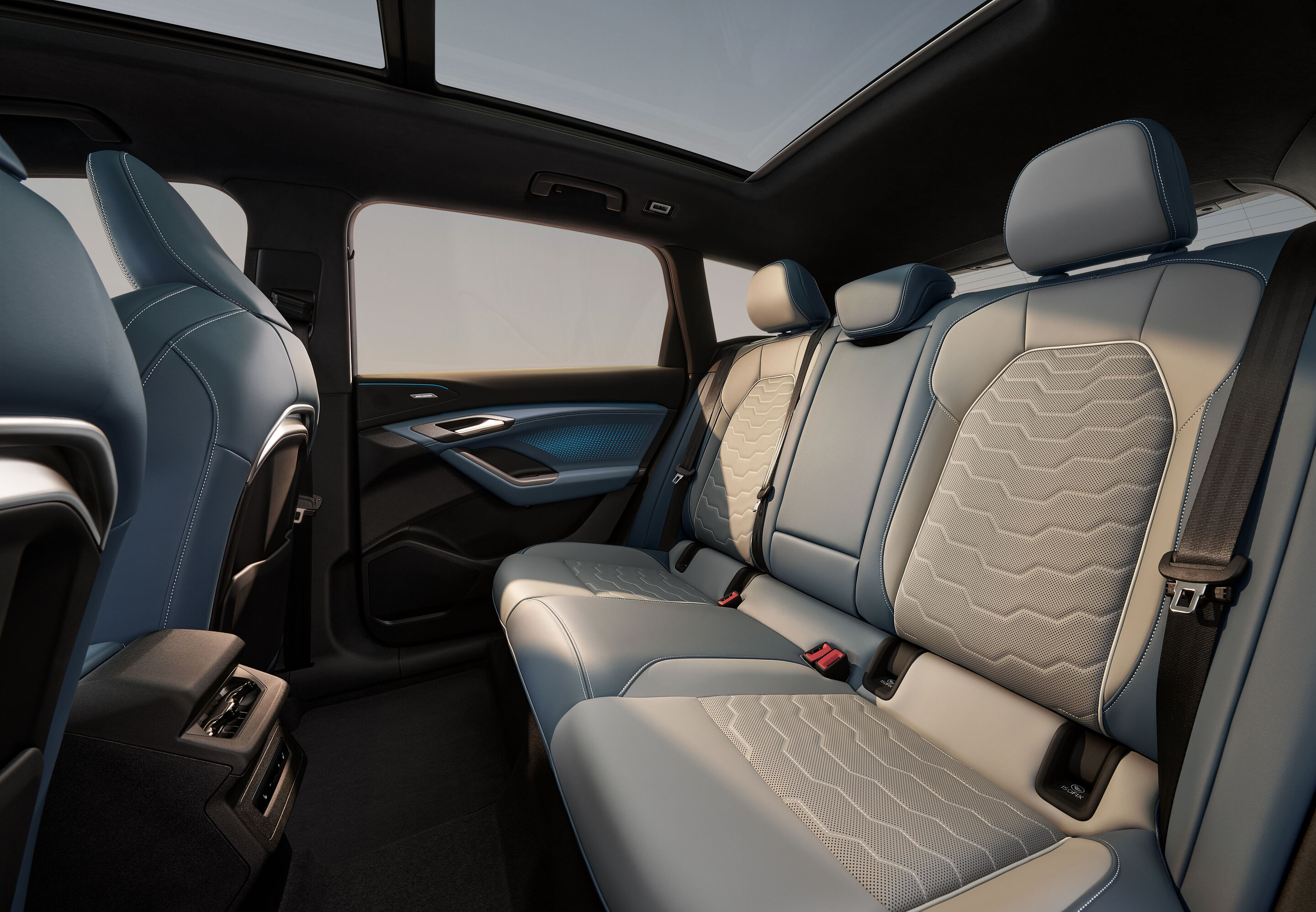 Audi at Auto China 2026 - Studio shot, interior of the Audi Q6L e-tron, rear seat row with panoramic glass roof