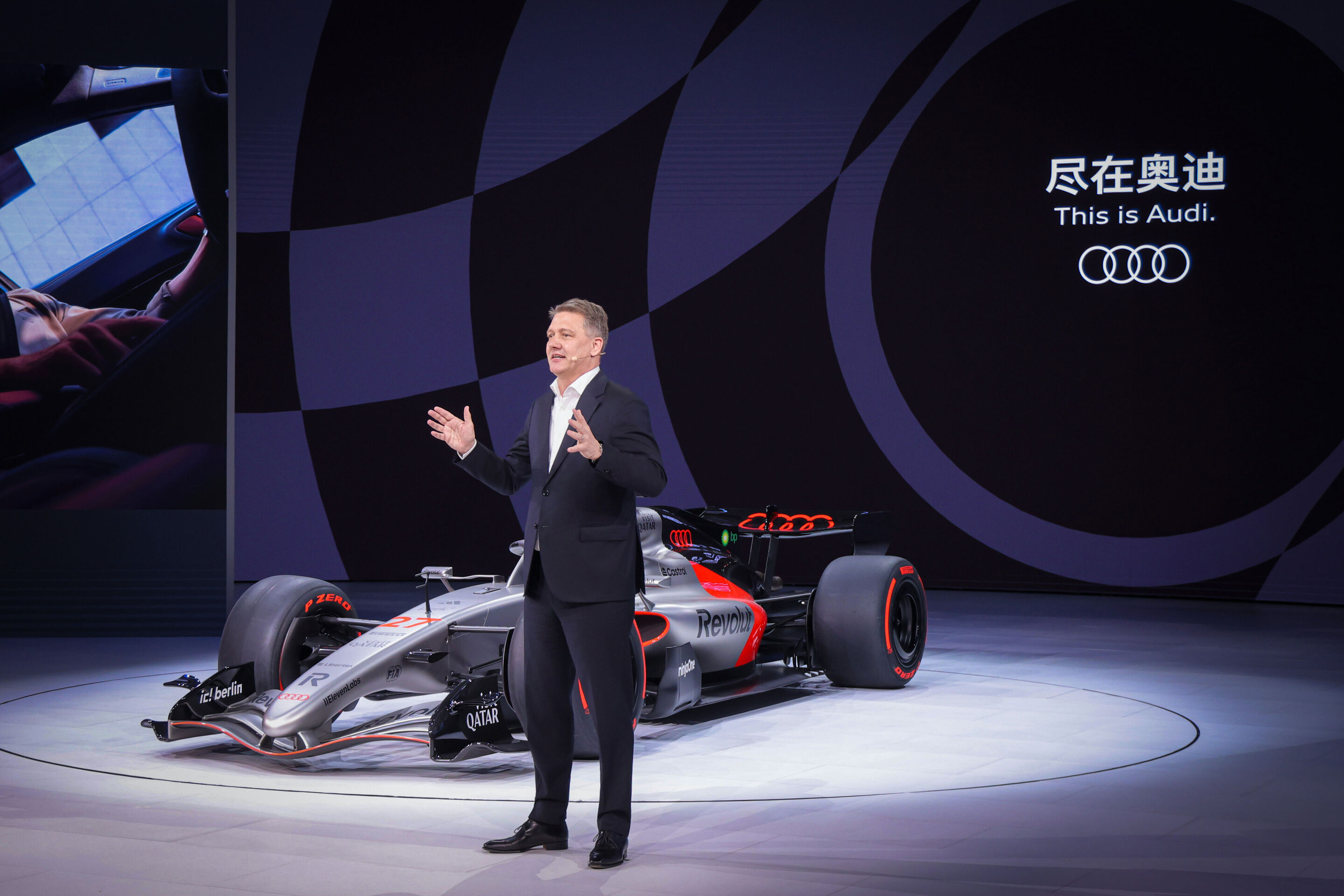 Audi at Auto China 2026 - Audi CEO Gernot Döllner at the press conference with the F1 show car R26.