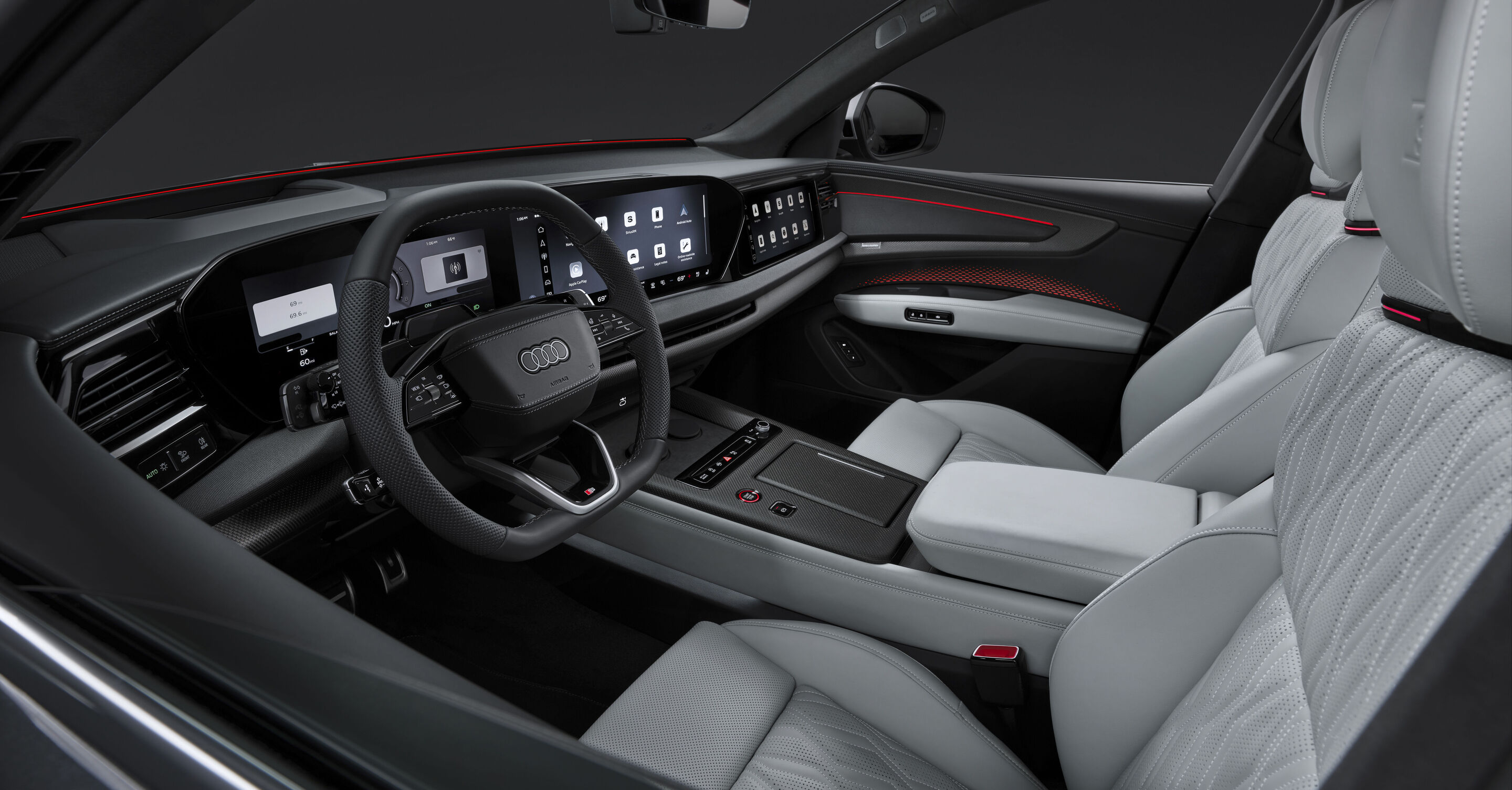 Audi Q9 - Studioaufnahme, Interieur, Lenkrad, Infotainment, Sportsitze vorn