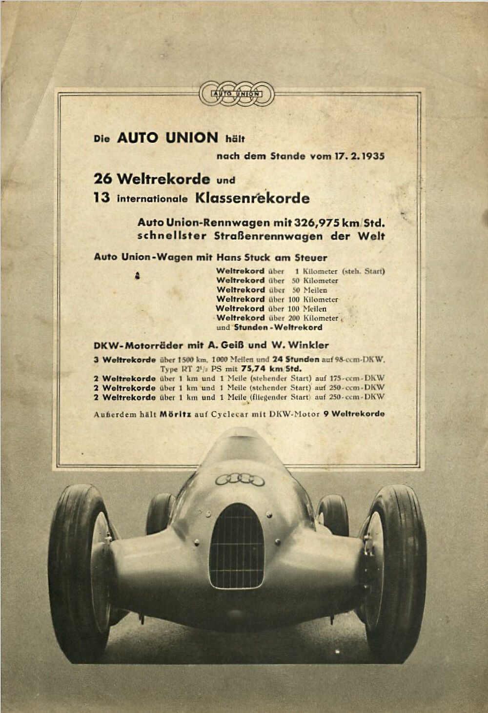 Auto Union Lucca - Fast zeitgleich zur gelungenen Rekordfahrt in Lucca wird auf der Internationalen Automobil- und Motorradausstellung in Berlin (14. bis 24. Februar) eine nahezu identische Version des Rekordwagens präsentiert. Das zur Messe angefertigte...