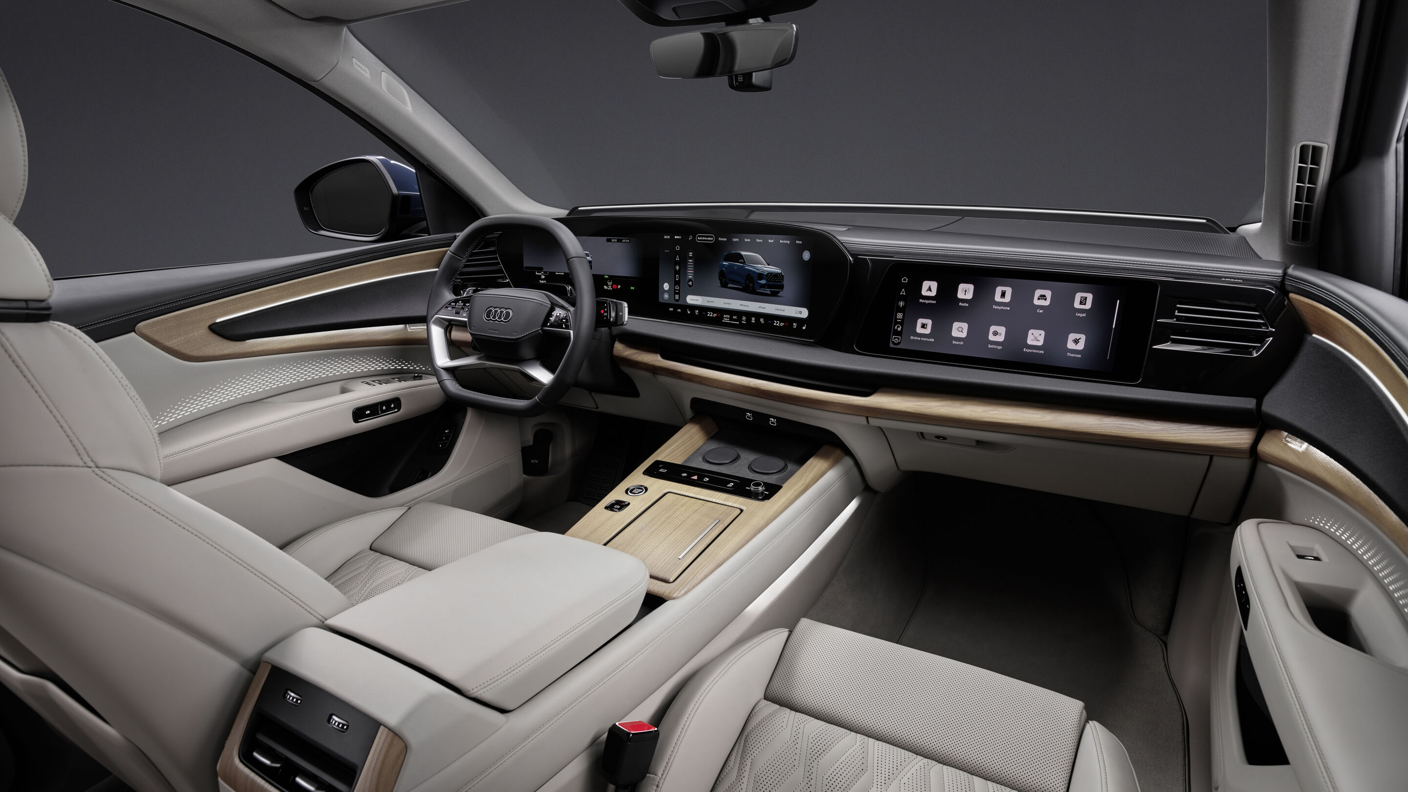 Audi Q7 SUV - Alopias blue metallic, studio photo, interior, steering wheel and MMI