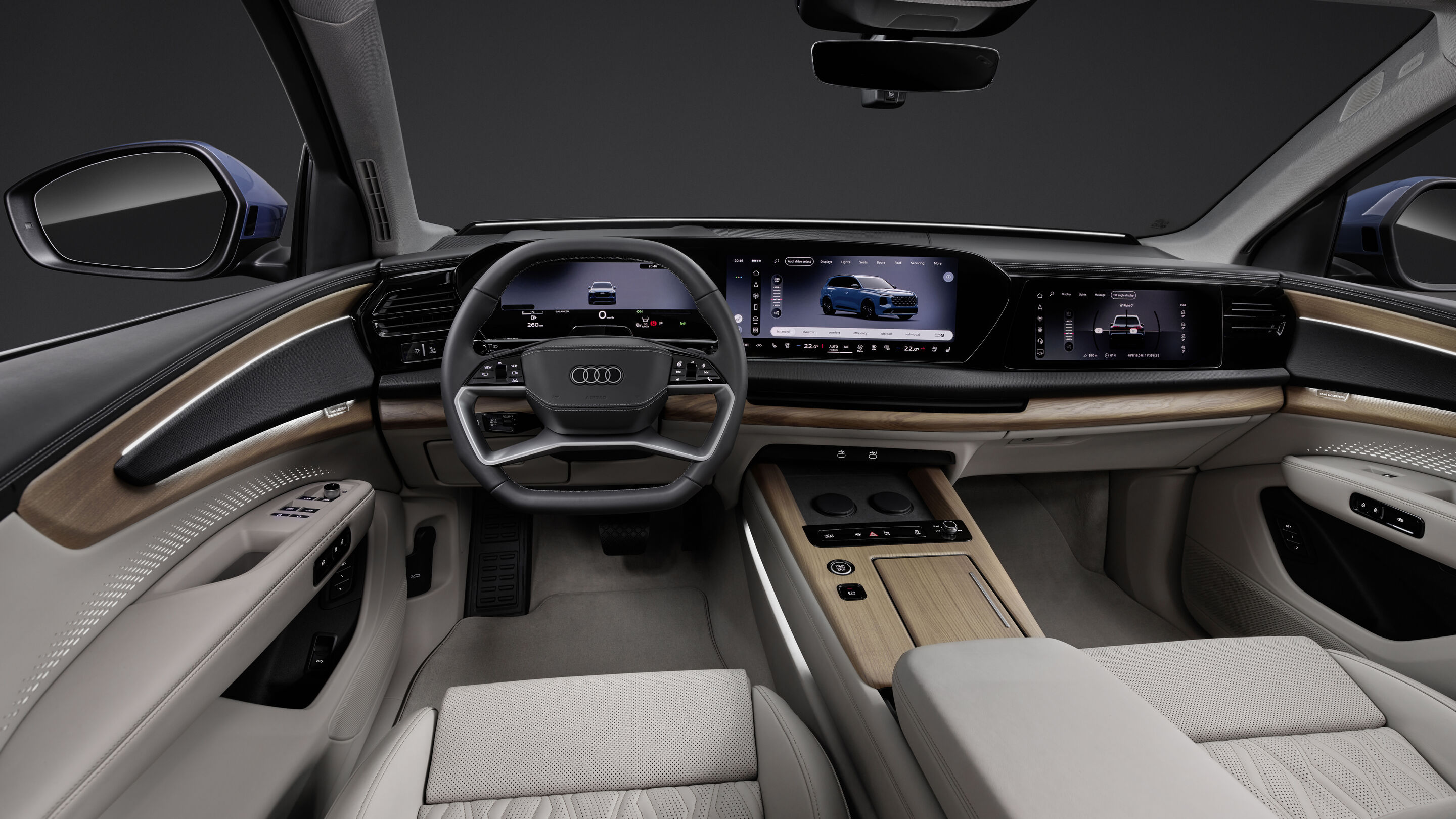Audi Q7 SUV - Alopiasblau Metallic, Studioaufnahme, Interieur, Lenkrad und MMI