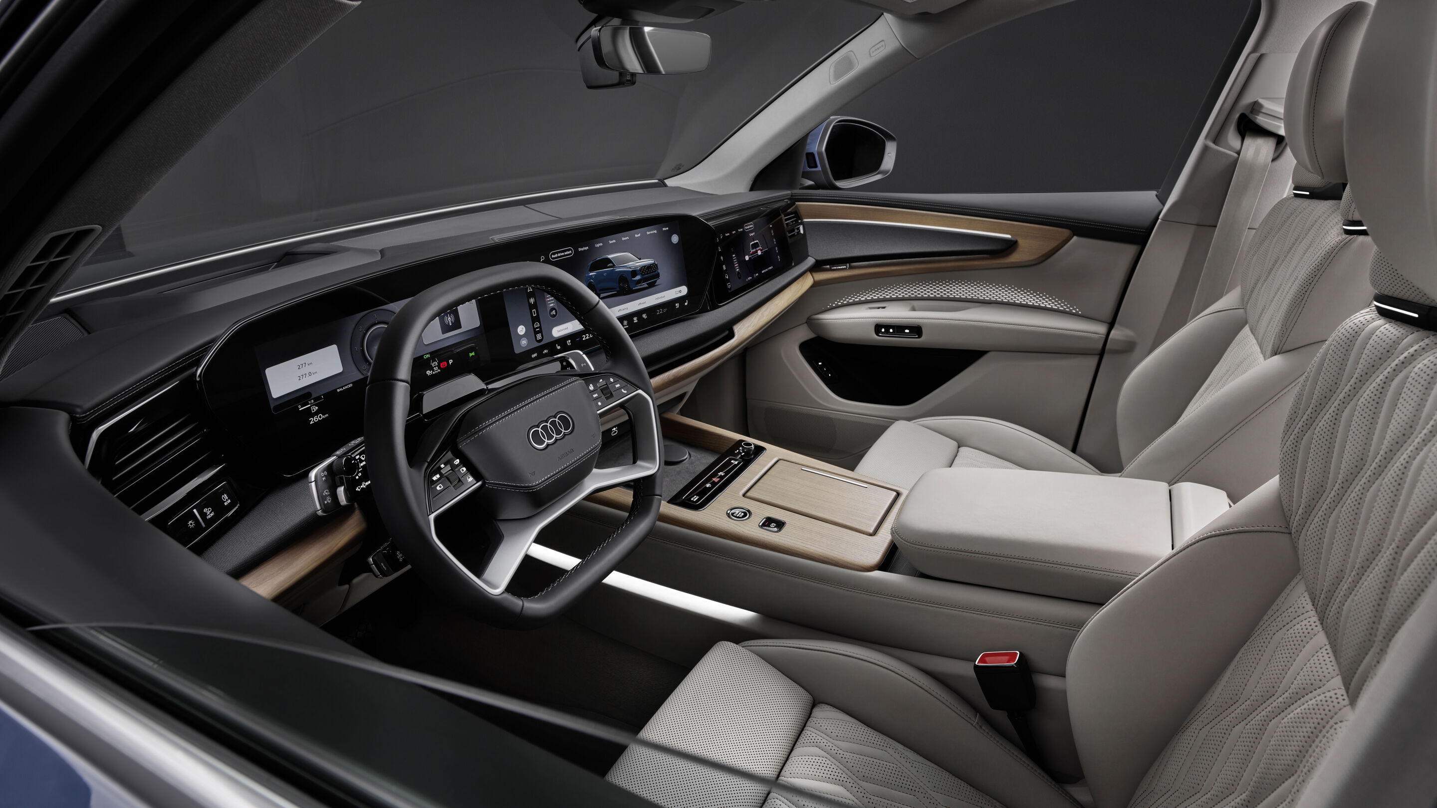 Audi Q7 SUV - Alopias blue metallic, studio photo, interior, front seats and steering wheel