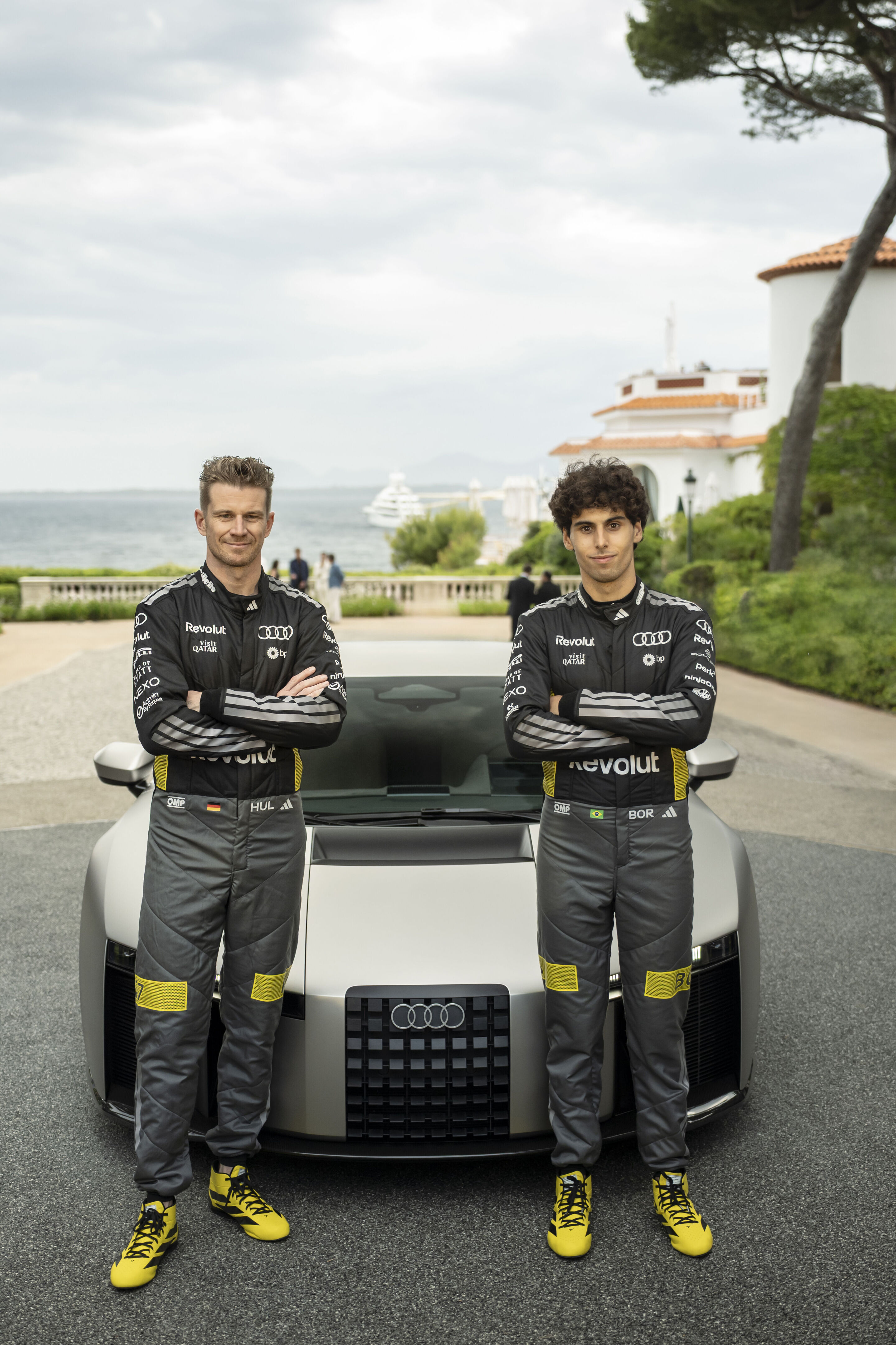 Audi präsentiert ersten Supersportwagen mit High Performance-Hybridantrieb - Mit dem Audi Nuvolari präsentiert die Marke ihren ersten Supersportwagen mit High-Performance-Hybridantrieb. Gabriel Bortoleto und Nico Hülkenberg, Fahrer des Audi Revolut F1...