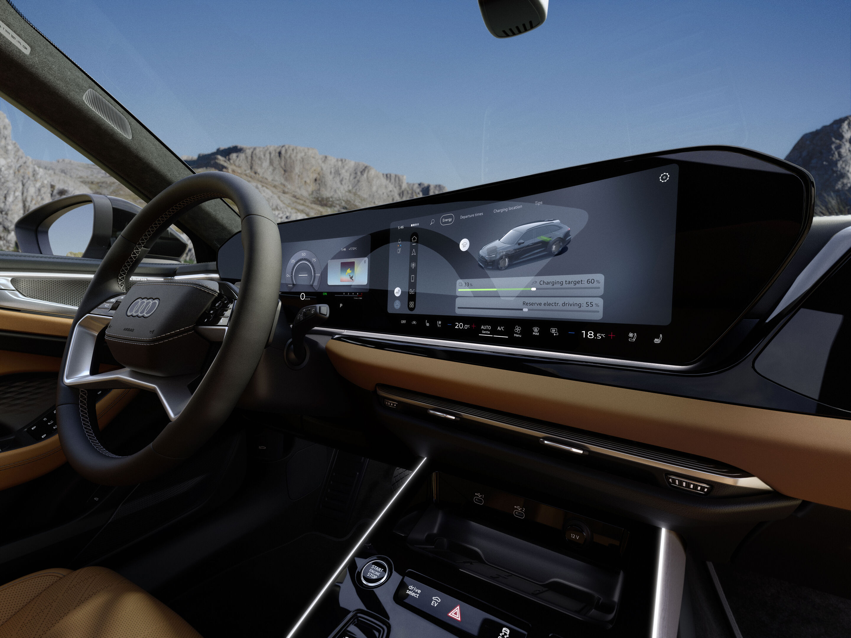 Audi A6 allroad e-hybrid quattro - Interior shot: Audi A6 allroad e-hybrid with digital cockpit and large curved display – connected functions and charging management in focus.