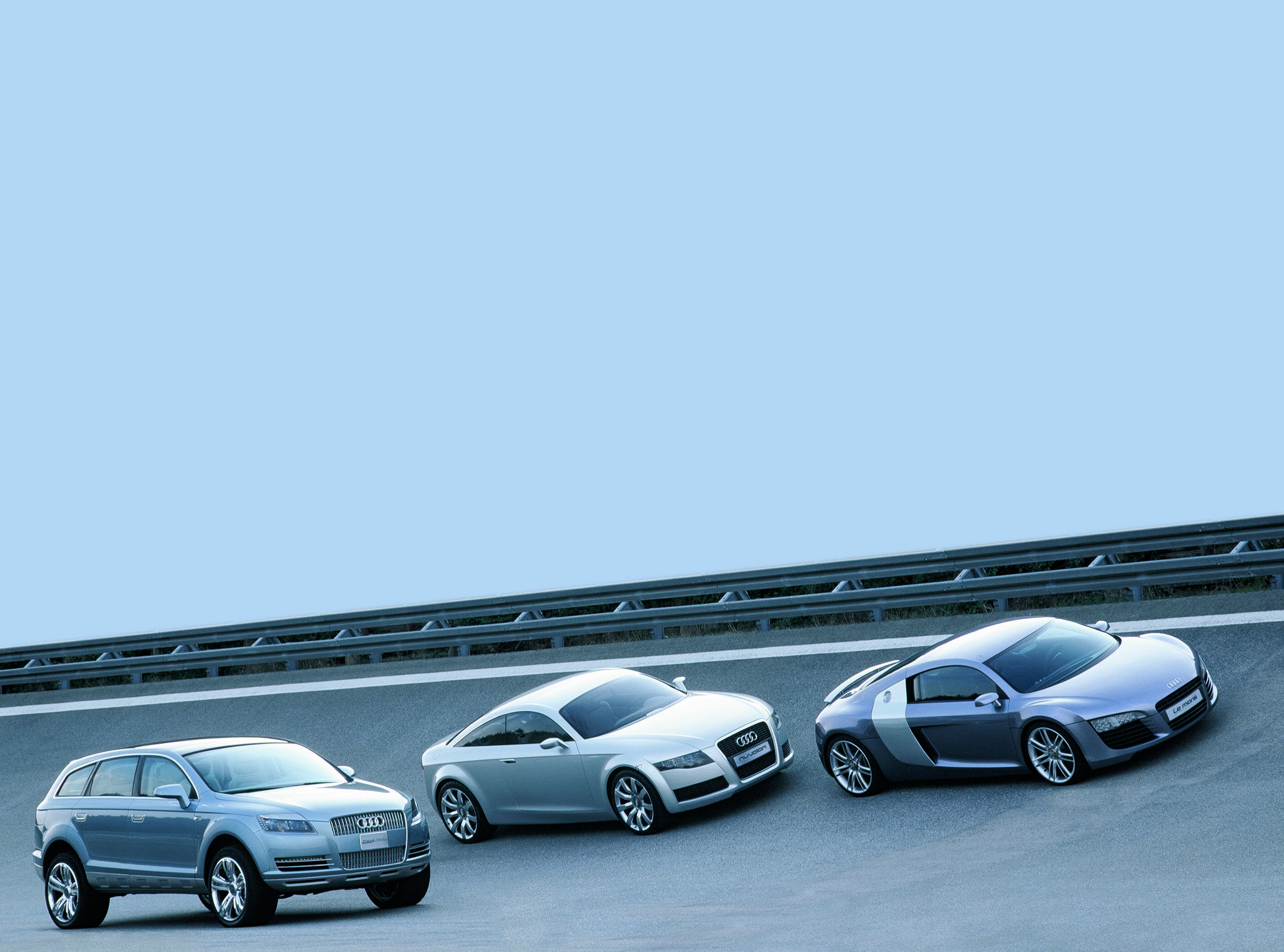 Drei aufsehenerregende Audi Studien auf einen Blick: Audi Pikes Peak quattro, Audi Nuvolari quattro und Audi Le Mans quattro (von links)