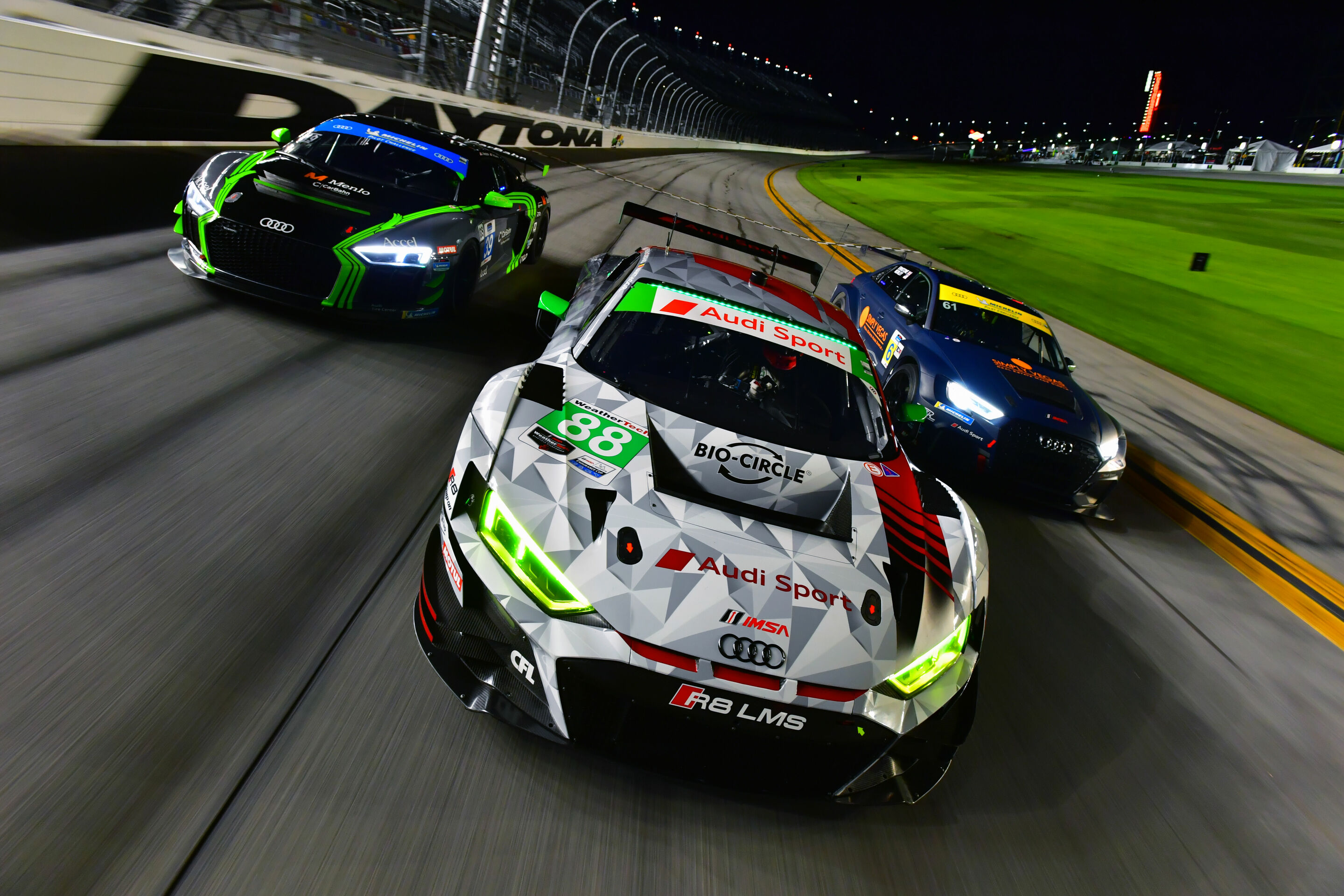 24h Daytona 2020 - Audi R8 LMS GT4 #39 (CarBahn with Peregrine Racing), Tyler McQuarrie/Jeff Westphal, Audi R8 LMS #88 (WRT Speedstar Audi Sport), Mirko Bortolotti/Rolf Ineichen/Daniel Morad/Dries Vanthoor, Audi RS 3 LMS #61 (Road Shagger Racing), Gavin...